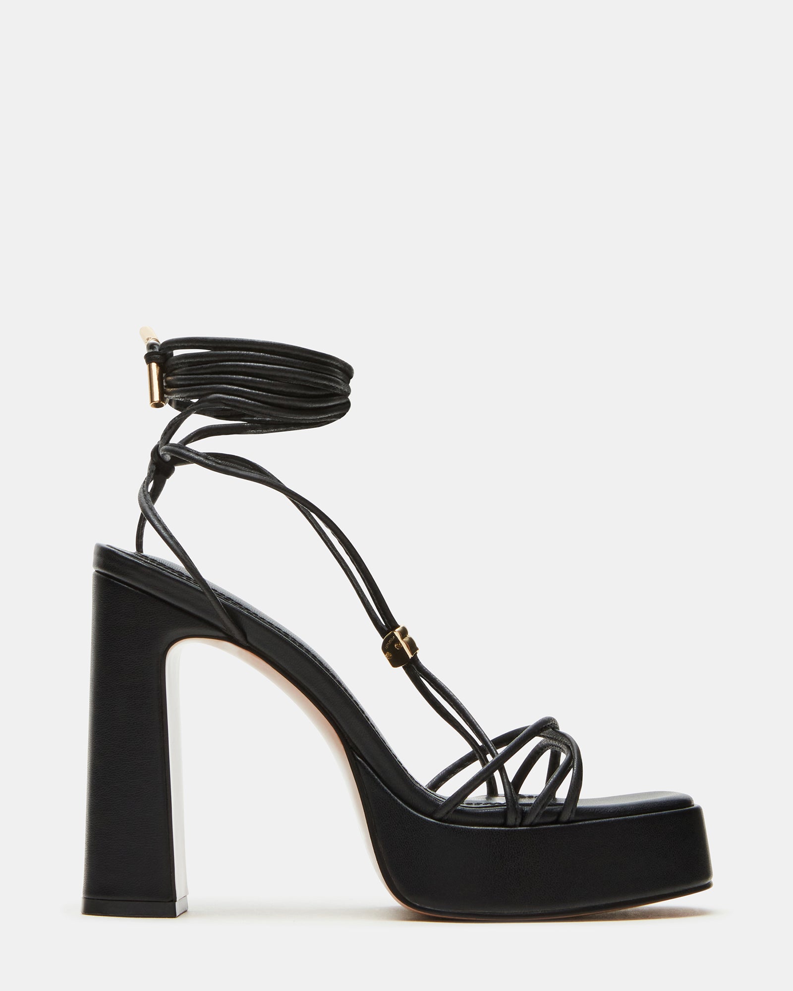 Side view of black lace-up platform shoes with open toe and block heel