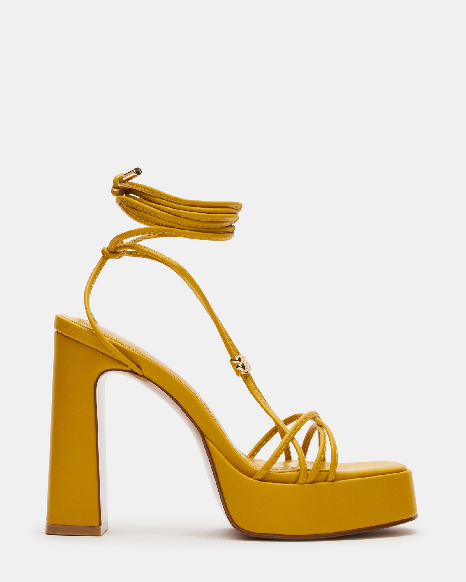 Side view of Moulin Mustard platform heels with lace-up straps and open toe