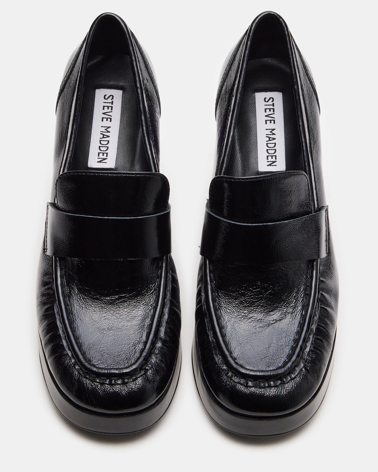 Top-down shot of black leather loafer showcasing the stylish design