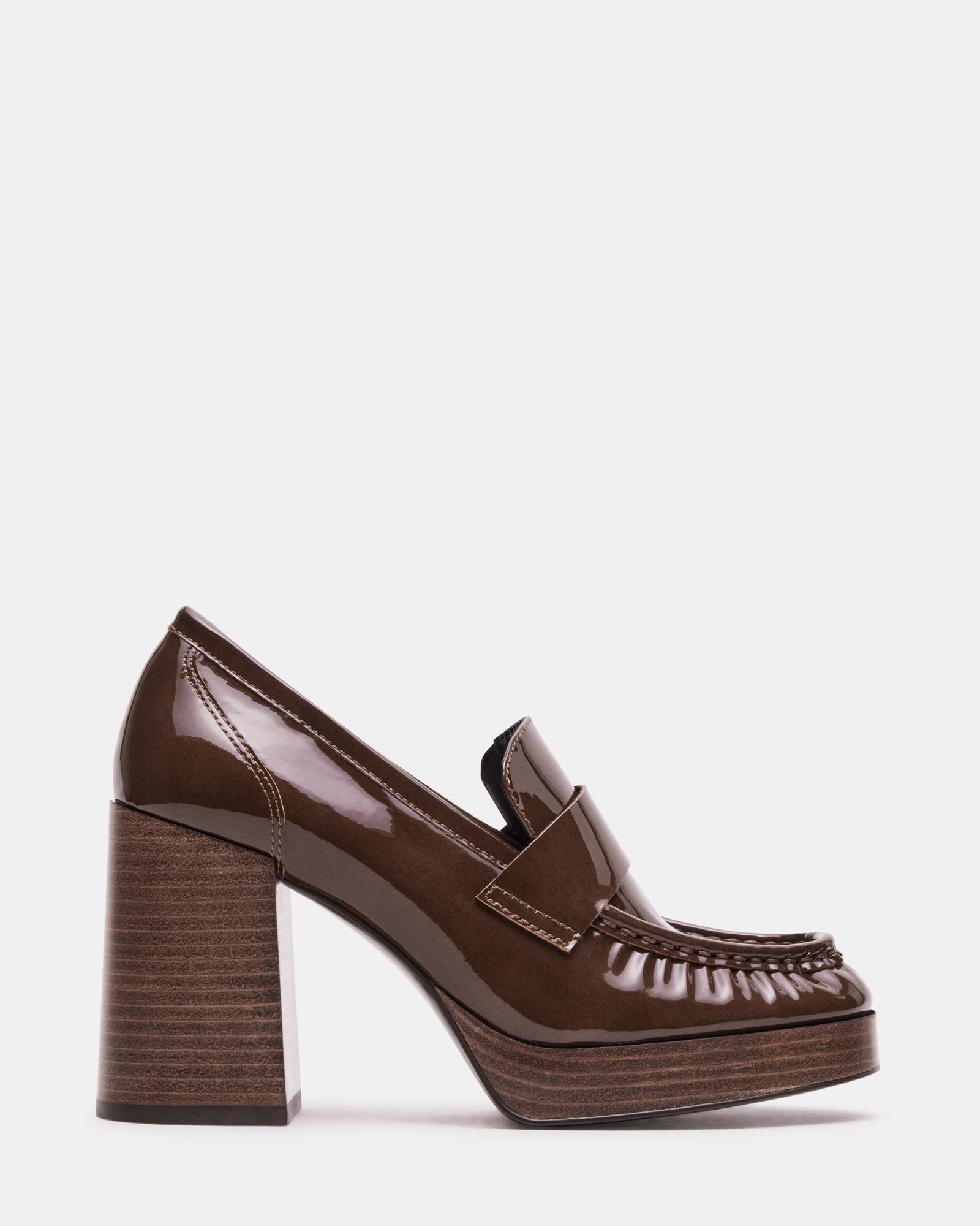 Front view of MUNDAY camel patent platform loafers showcasing the stylish slip-on design