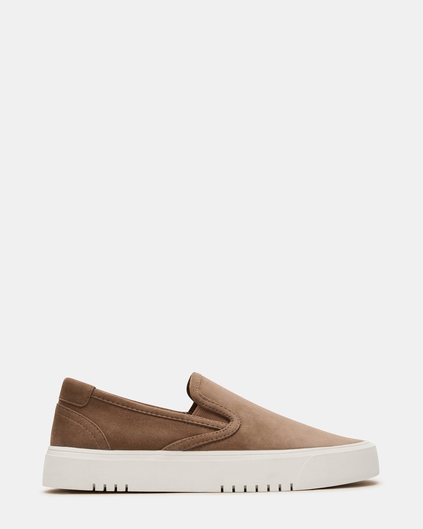 Taupe suede sneakers with rounded toe on a neutral background
