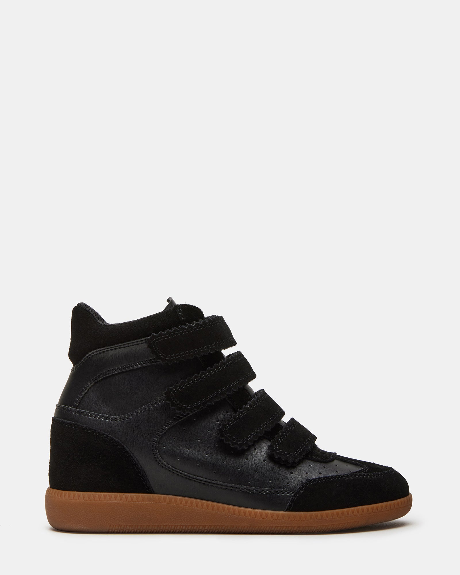 Side view of Mustang black suede high-top sneakers showcasing Velcro closure.