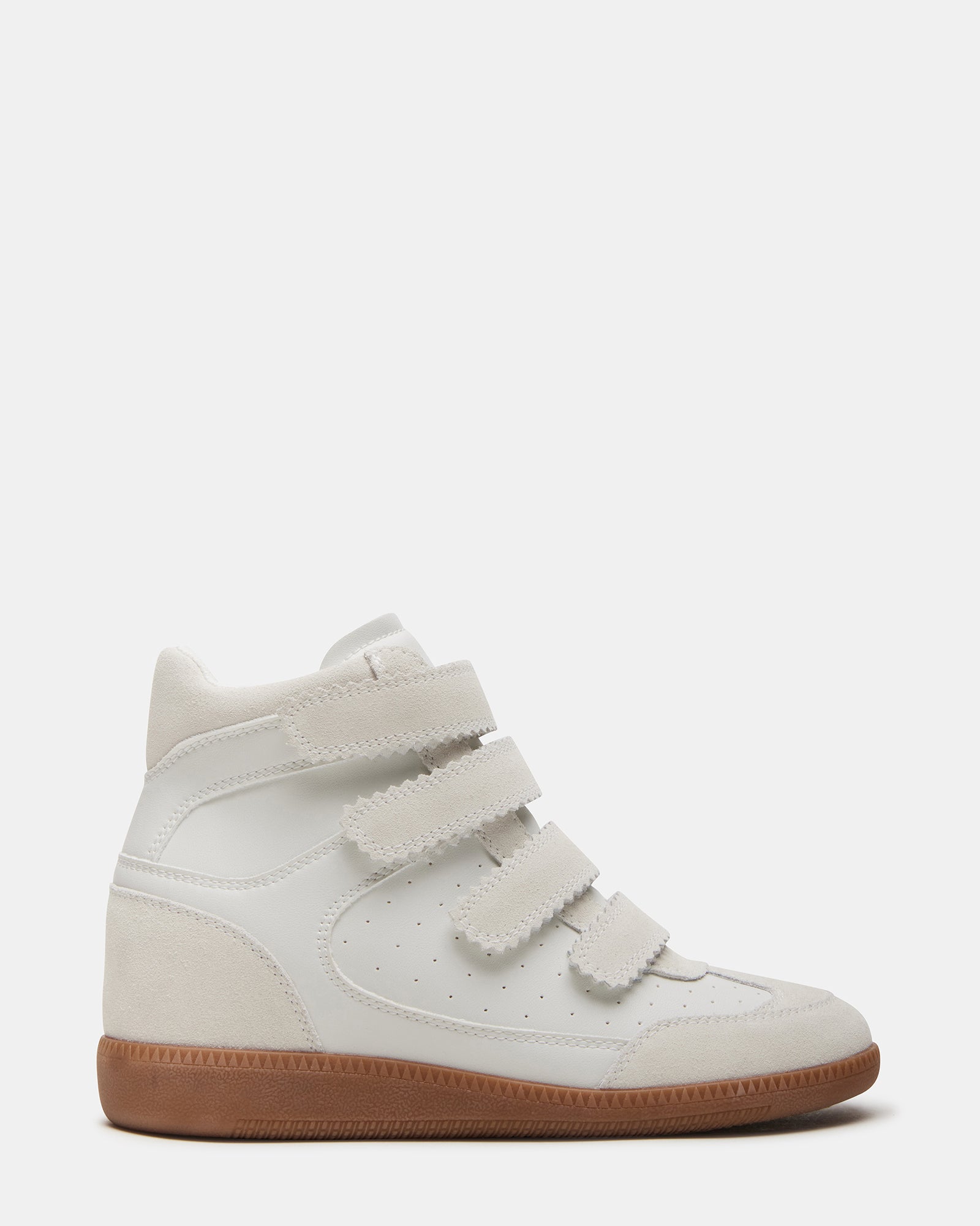 Close-up of white suede high-top Velcro sneakers showing the sleek design