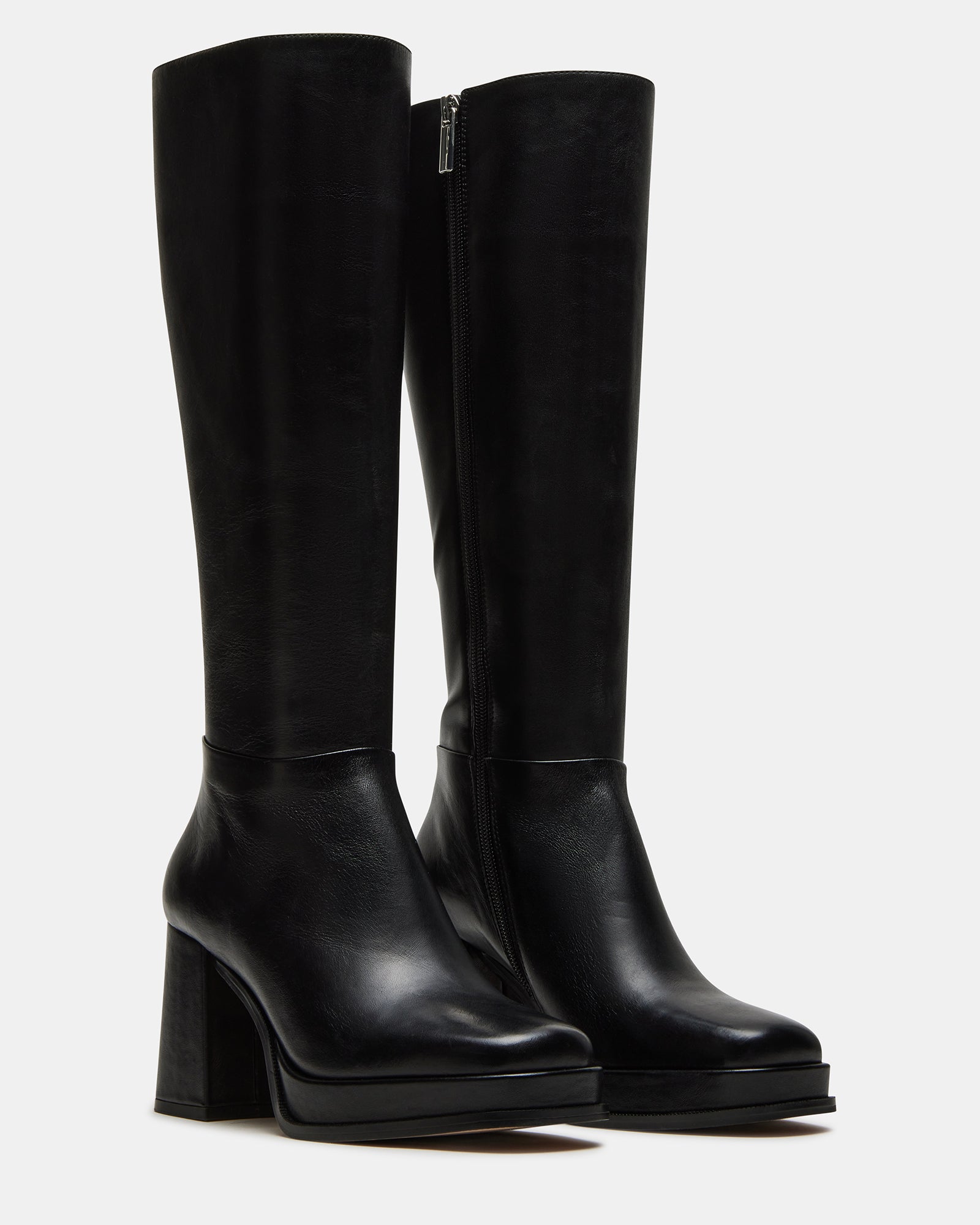 Close-up of the square toe design on the black platform boots