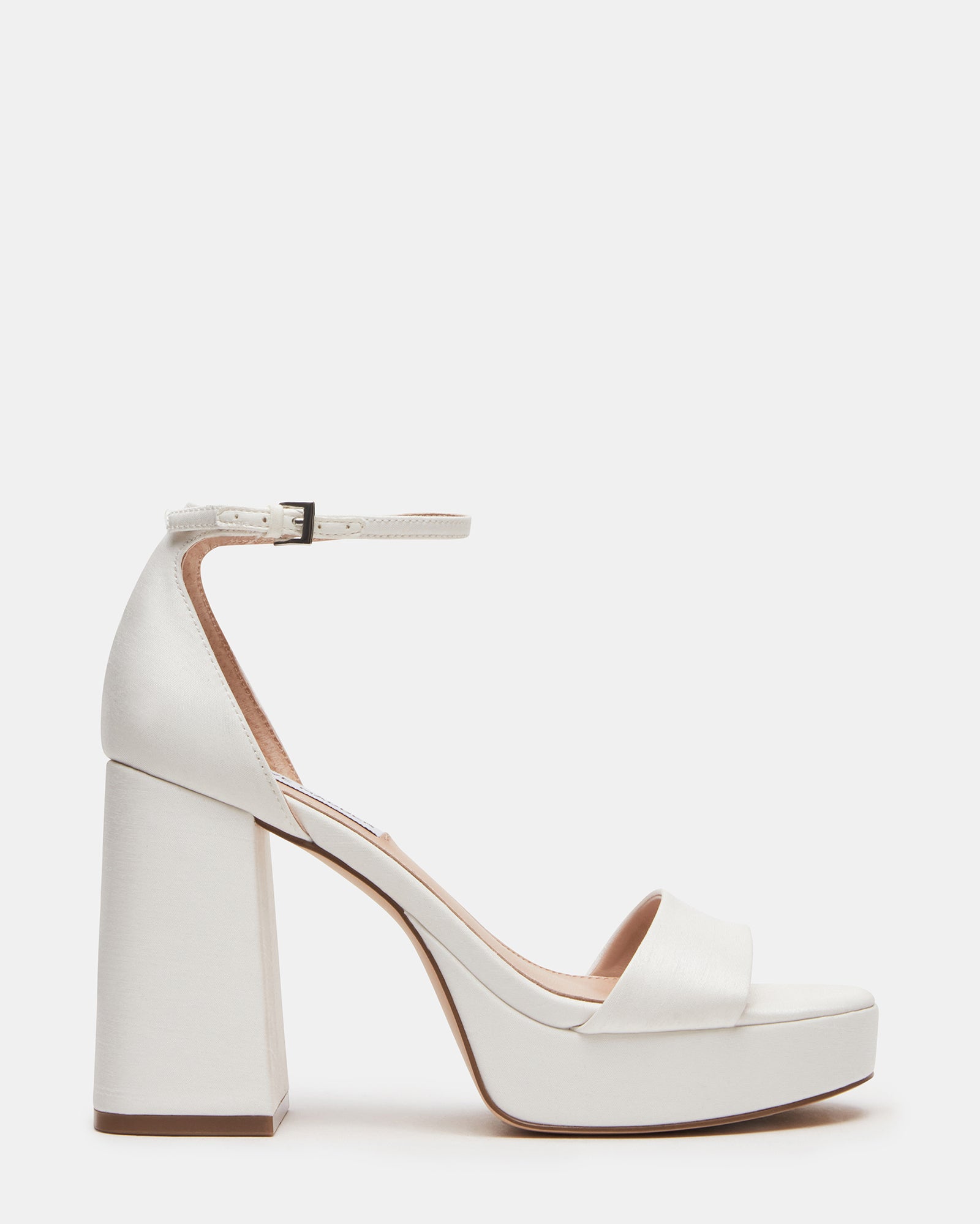 Mythic white heels side view showcasing block heel and satin finish