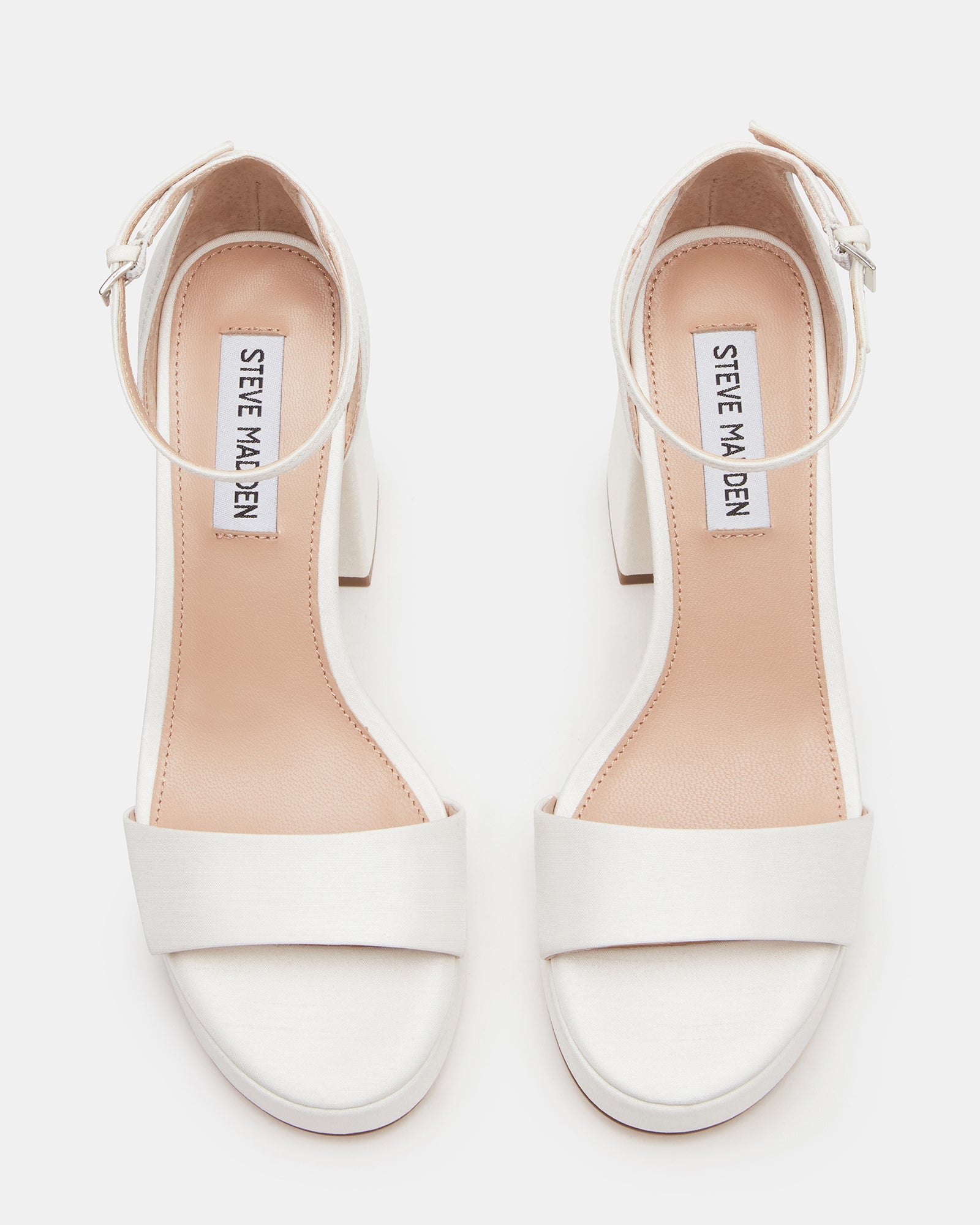 Mythic white heels side view showcasing block heel and satin finish