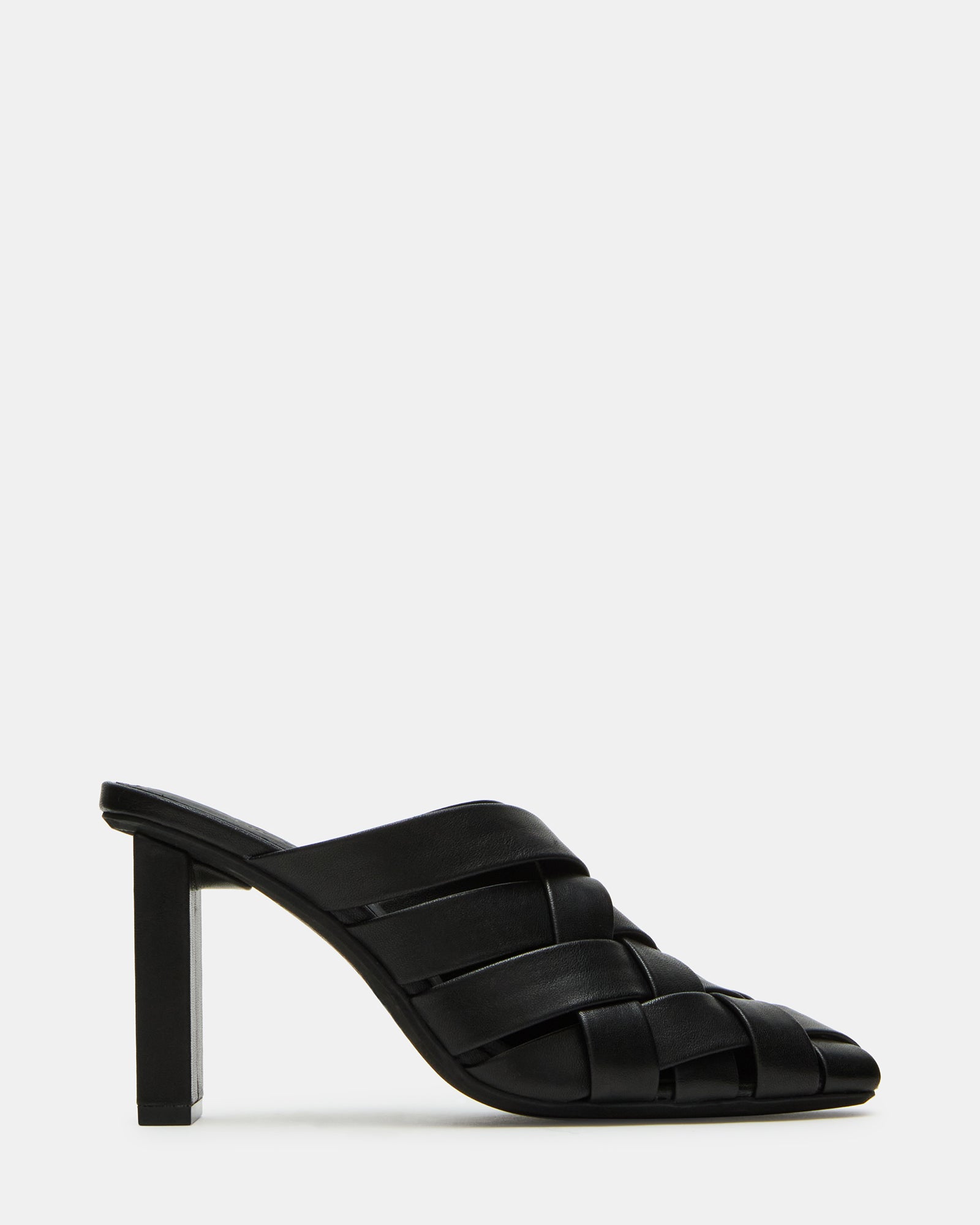 Side view of black mule heels with woven texture and square toe