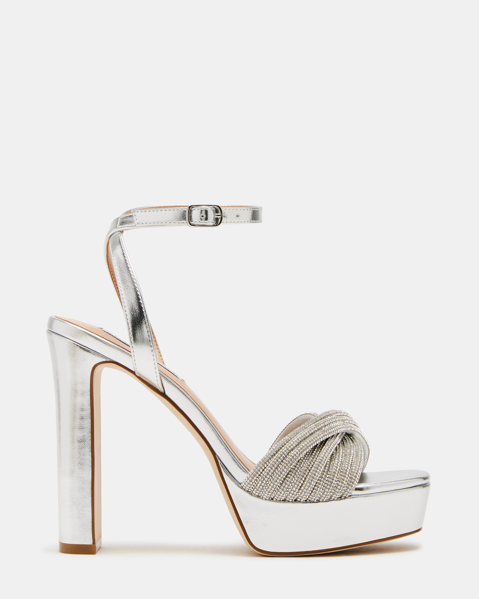 Close-up of NANI rhinestone heels showing crystal detailing on straps