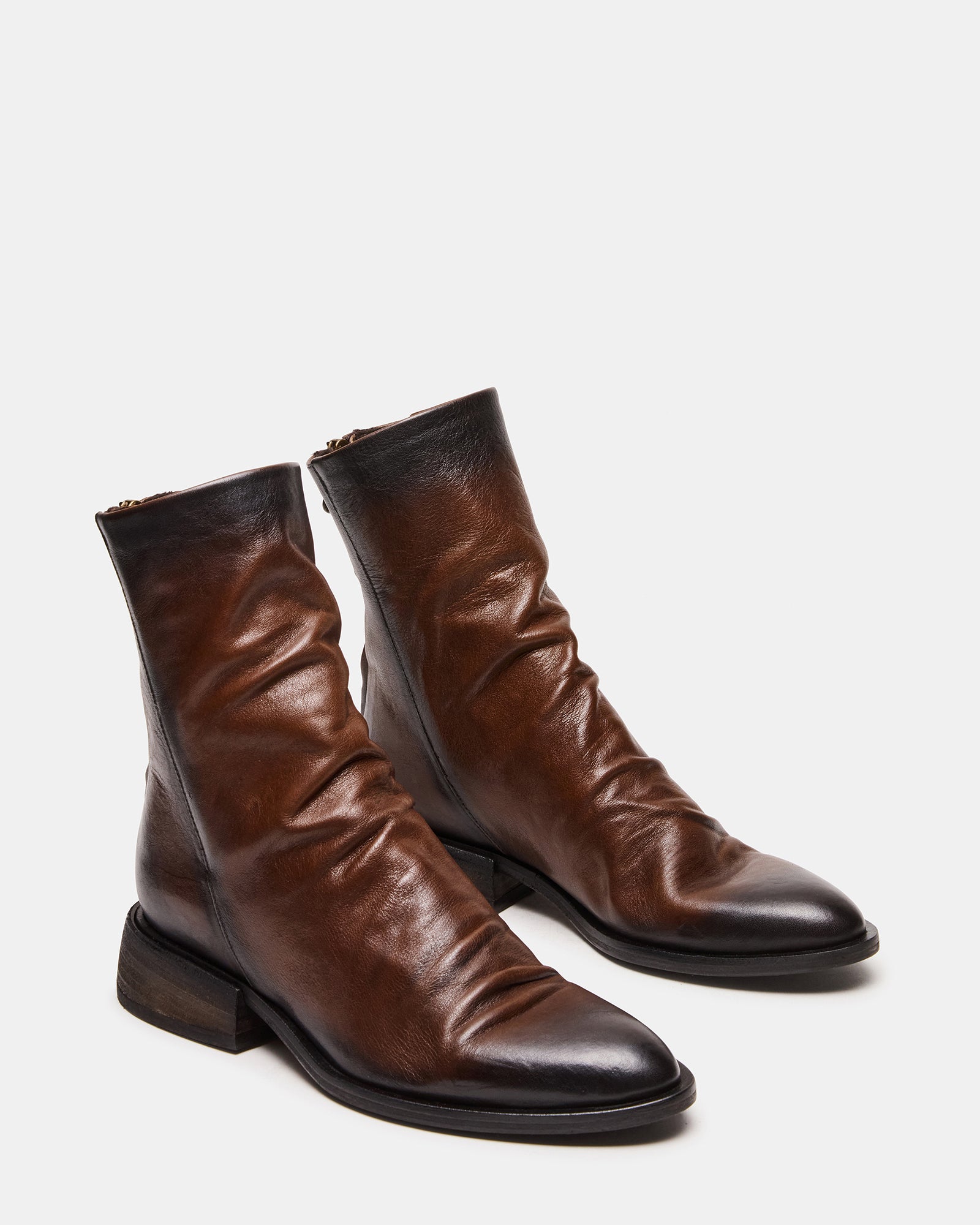 Close-up of leather booties showing texture and stitching detail