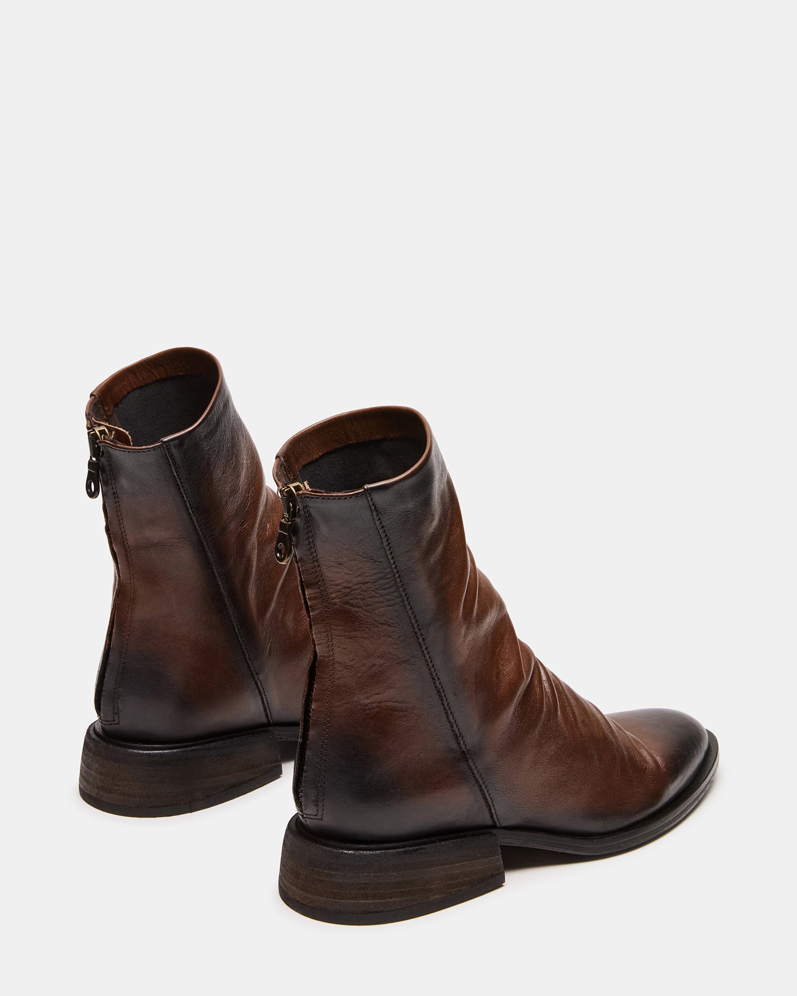 Close-up of leather booties showing texture and stitching detail