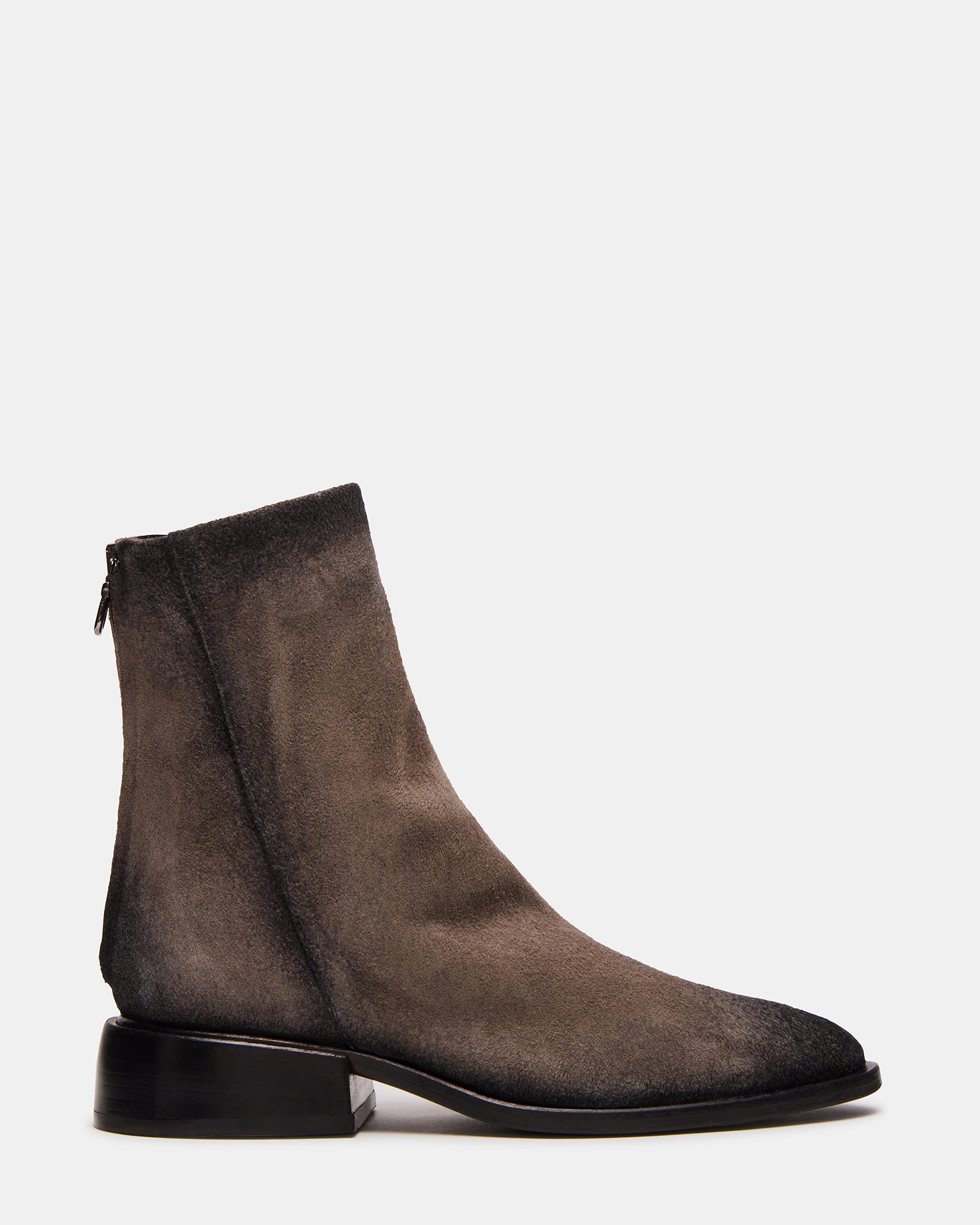 Nebula grey suede ankle boots with pointed toe and zip detail, styled for casual wear