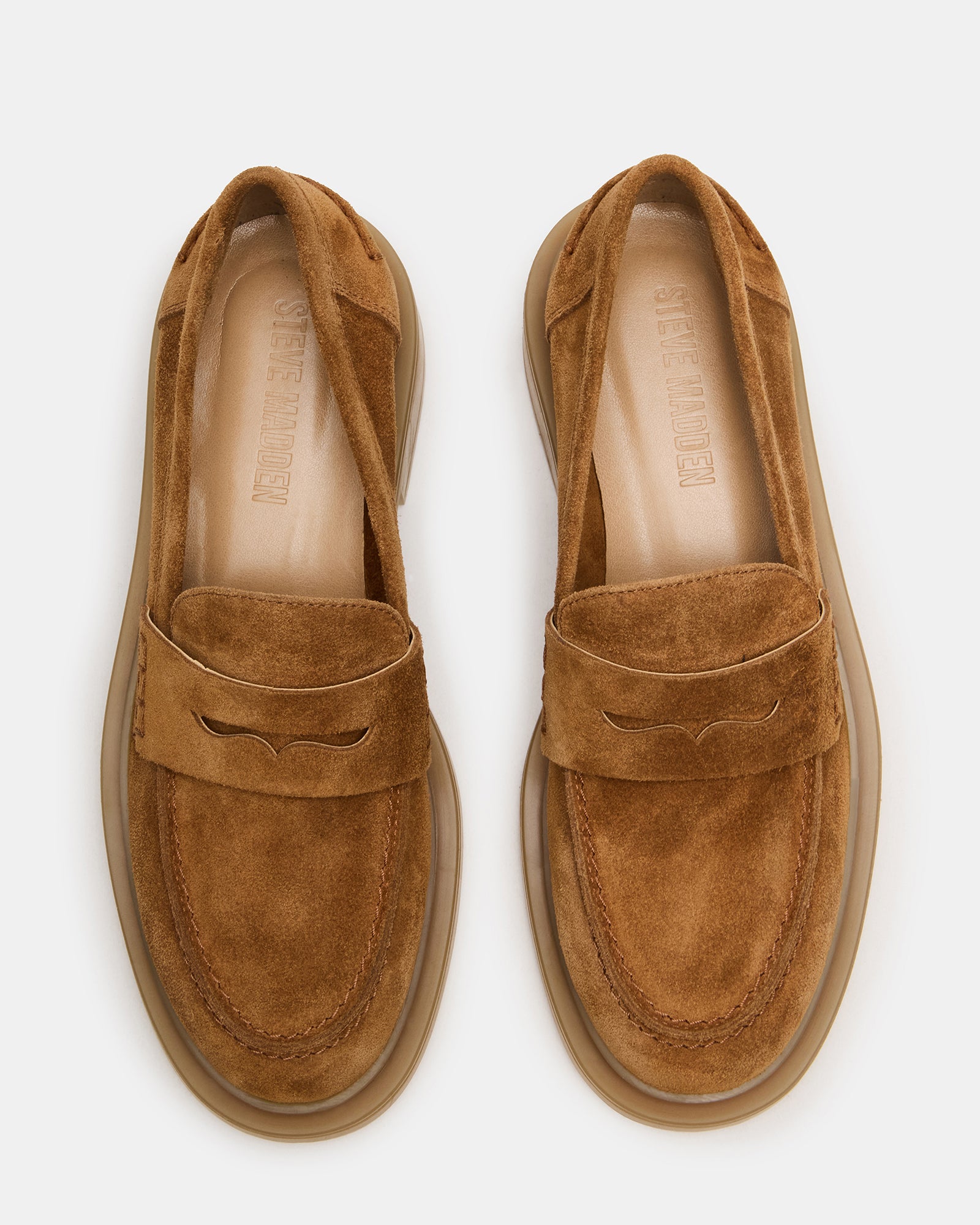 NIETO suede loafers in cognac brown, angled side view showing penny strap detail