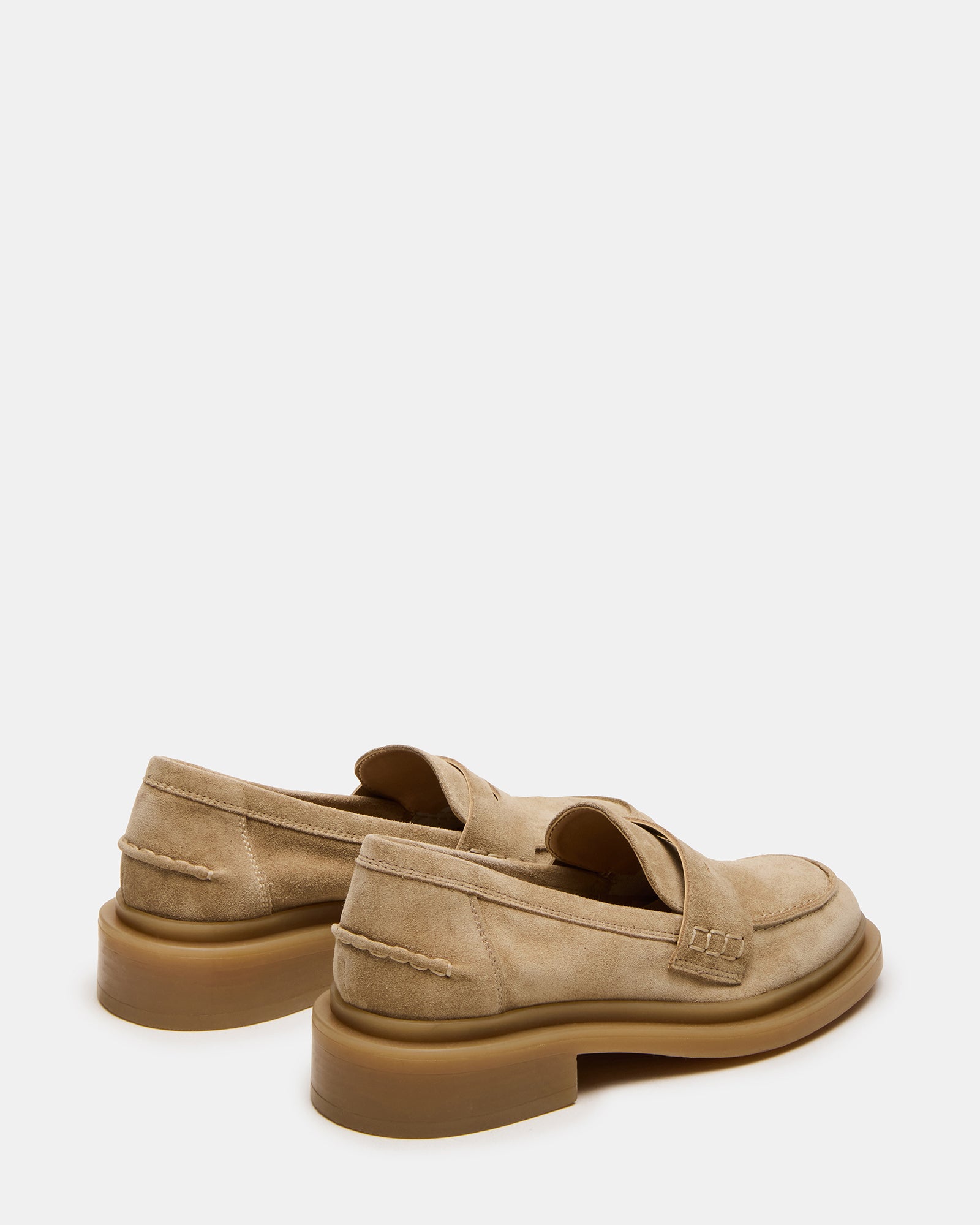 Side view of mens slip-on taupe suede loafers showcasing the 1.5-inch heel