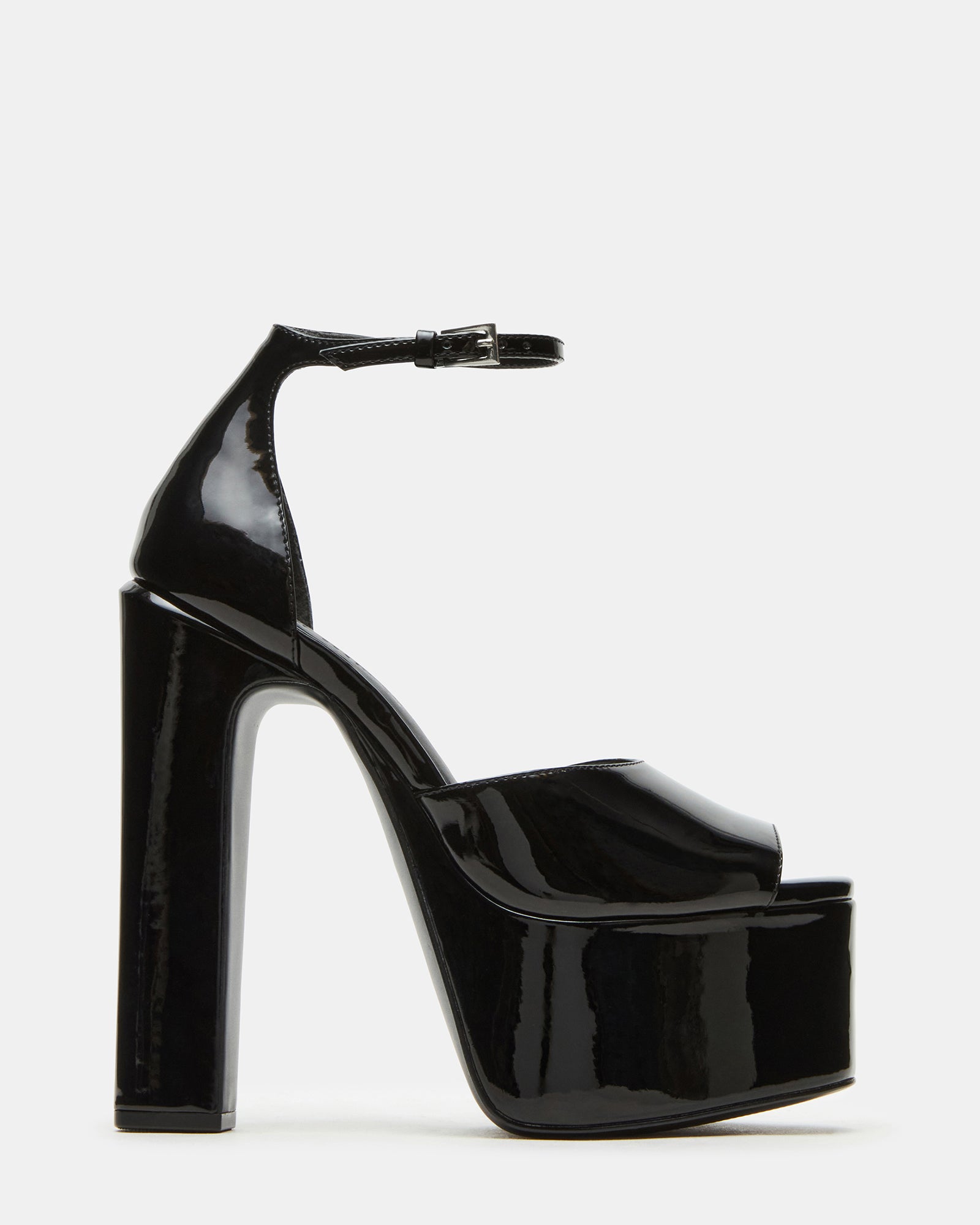 Side view of Nightfall black patent platform heels with ankle strap, perfect for evening wear