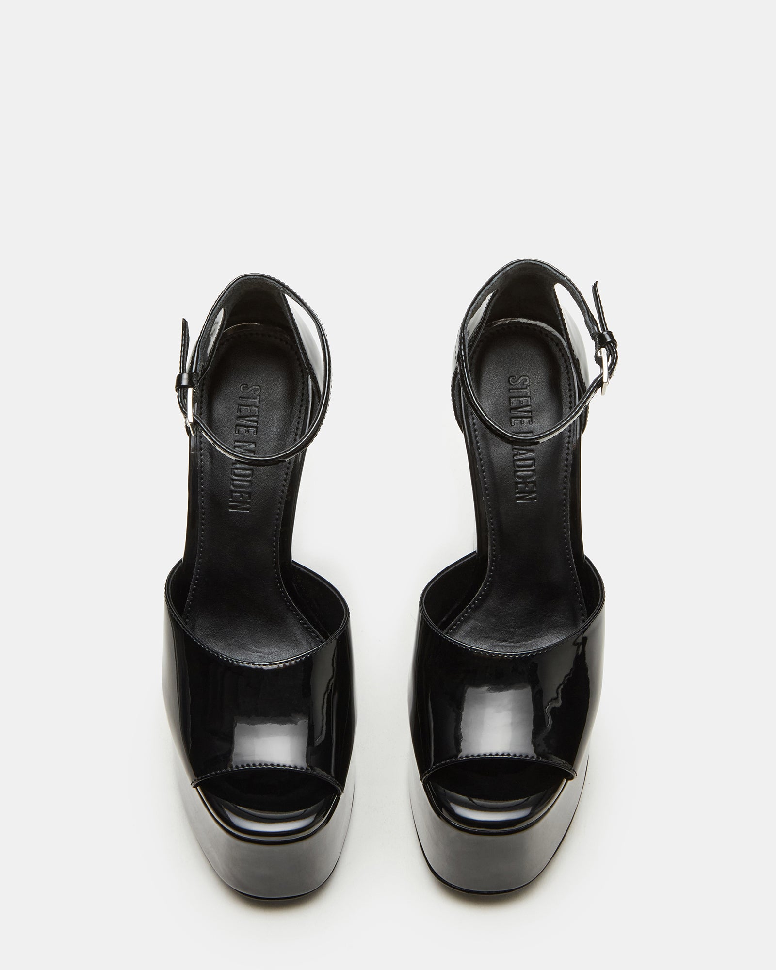 Side view of Nightfall black patent platform heels with ankle strap, perfect for evening wear