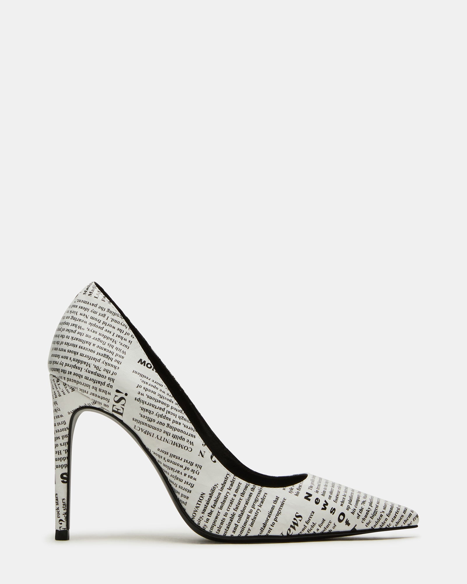 Side view of NOIR Newspaper high heels with pointed toe and stiletto heel in black
