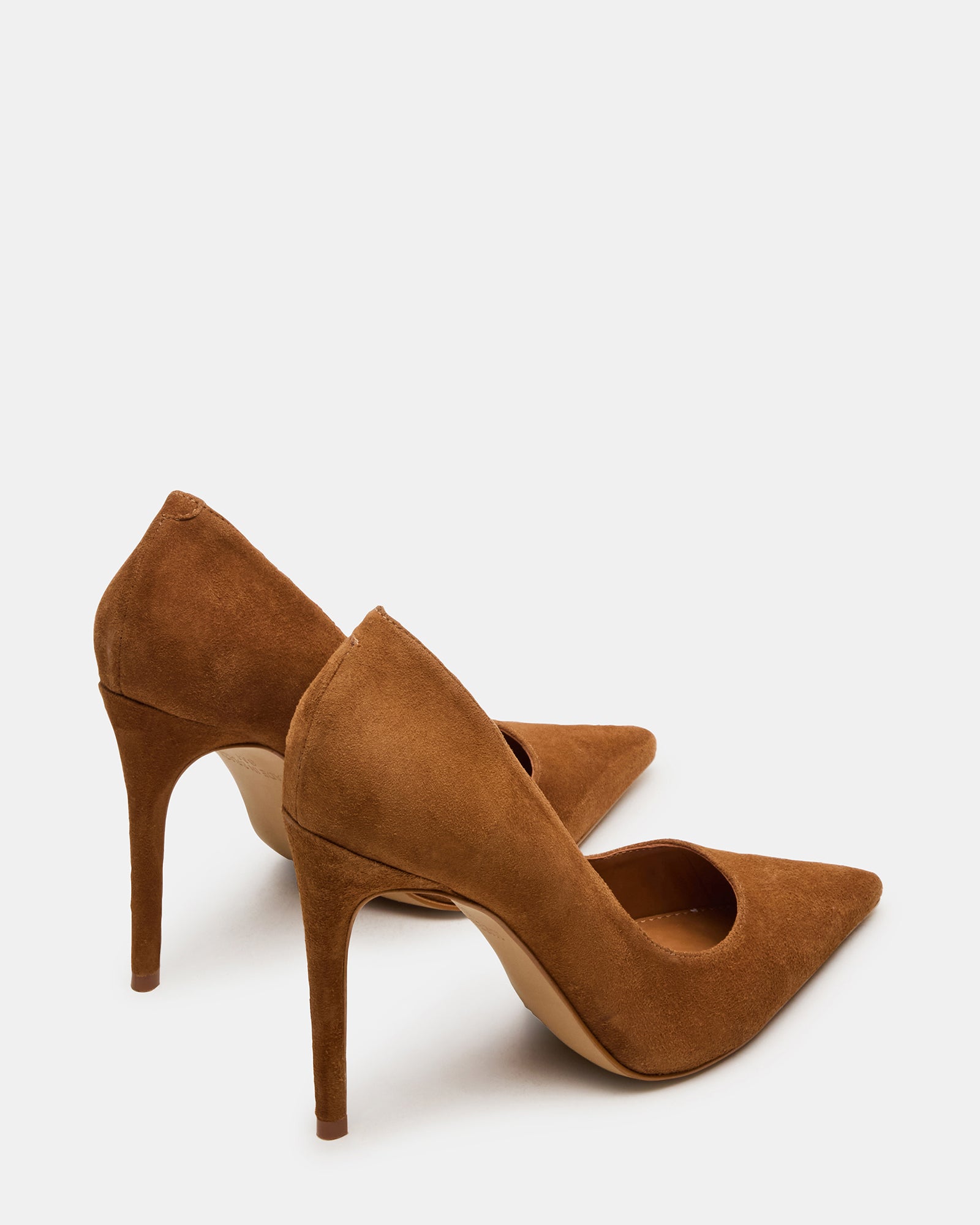 Close-up of the pointed toe and stiletto heel of the luxury suede pumps