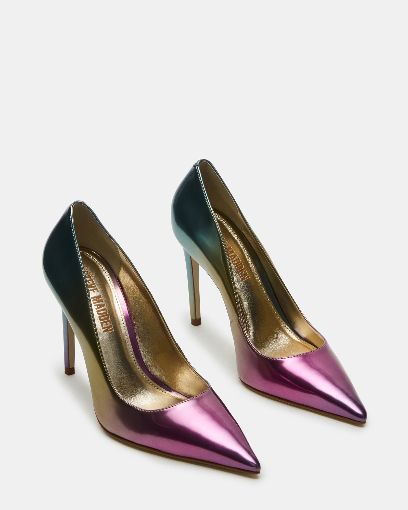 Close-up of the metallic multi-finish on black pumps