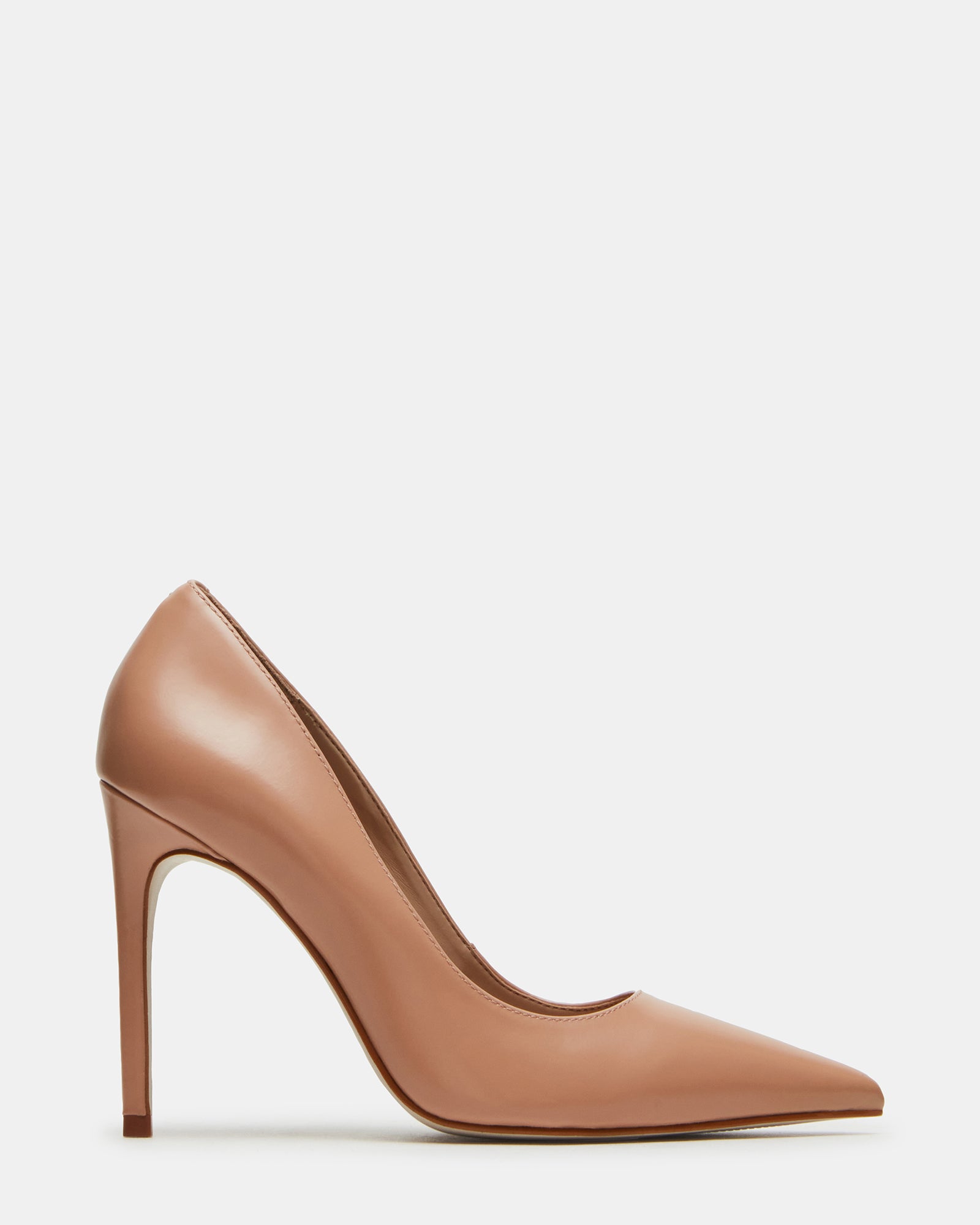 Side profile of black stiletto heels on white background showing heel height and material finish