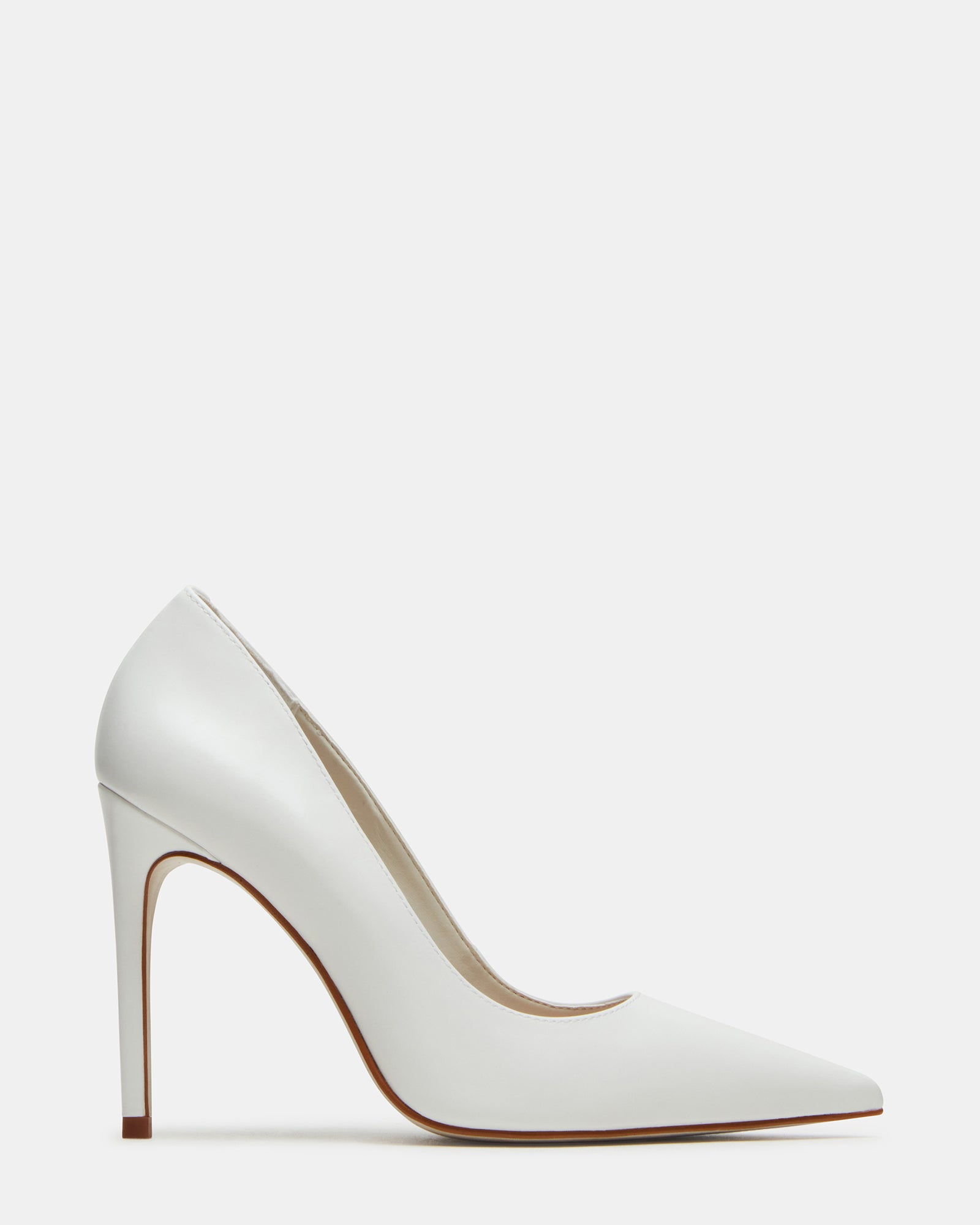 Side view of elegant white leather pumps showcasing pointed toe design.