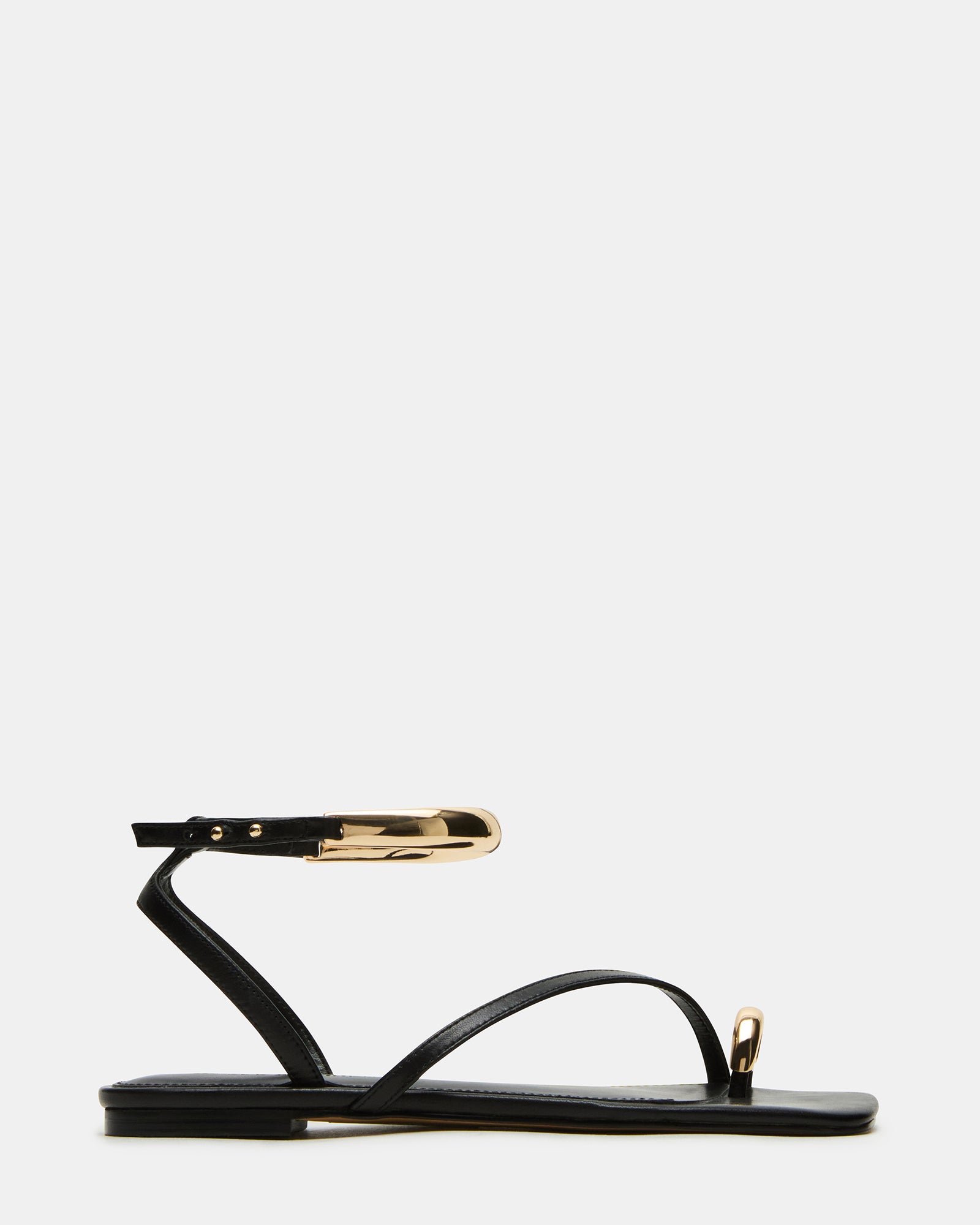Side view of Odyssey black leather sandals with ankle strap and square-toe shape