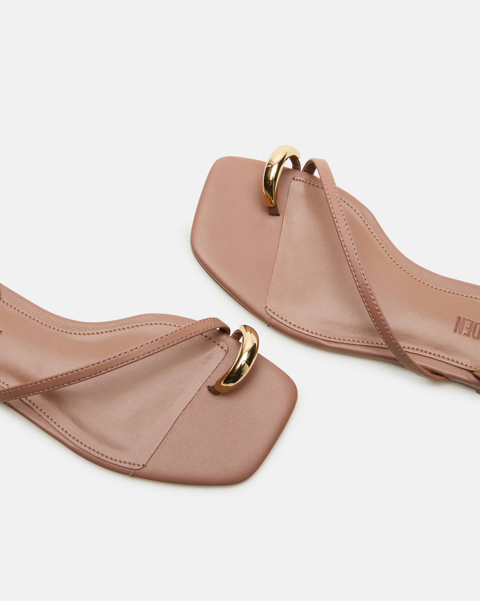ODYSSEY Mocha leather strappy sandals with square toe and gold hardware, side view