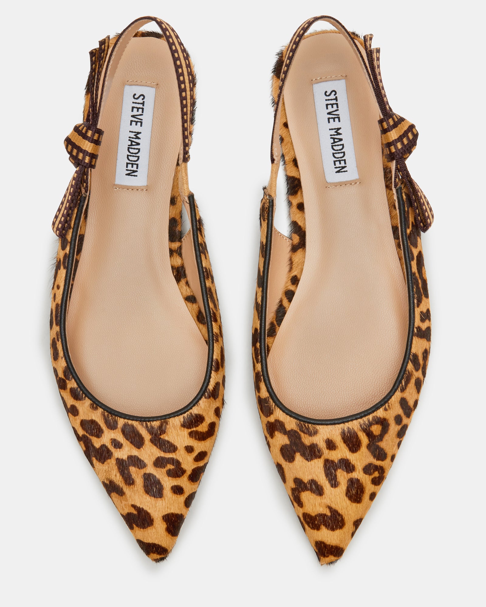 Close-up of the bow detail on pointed toe leopard flats.