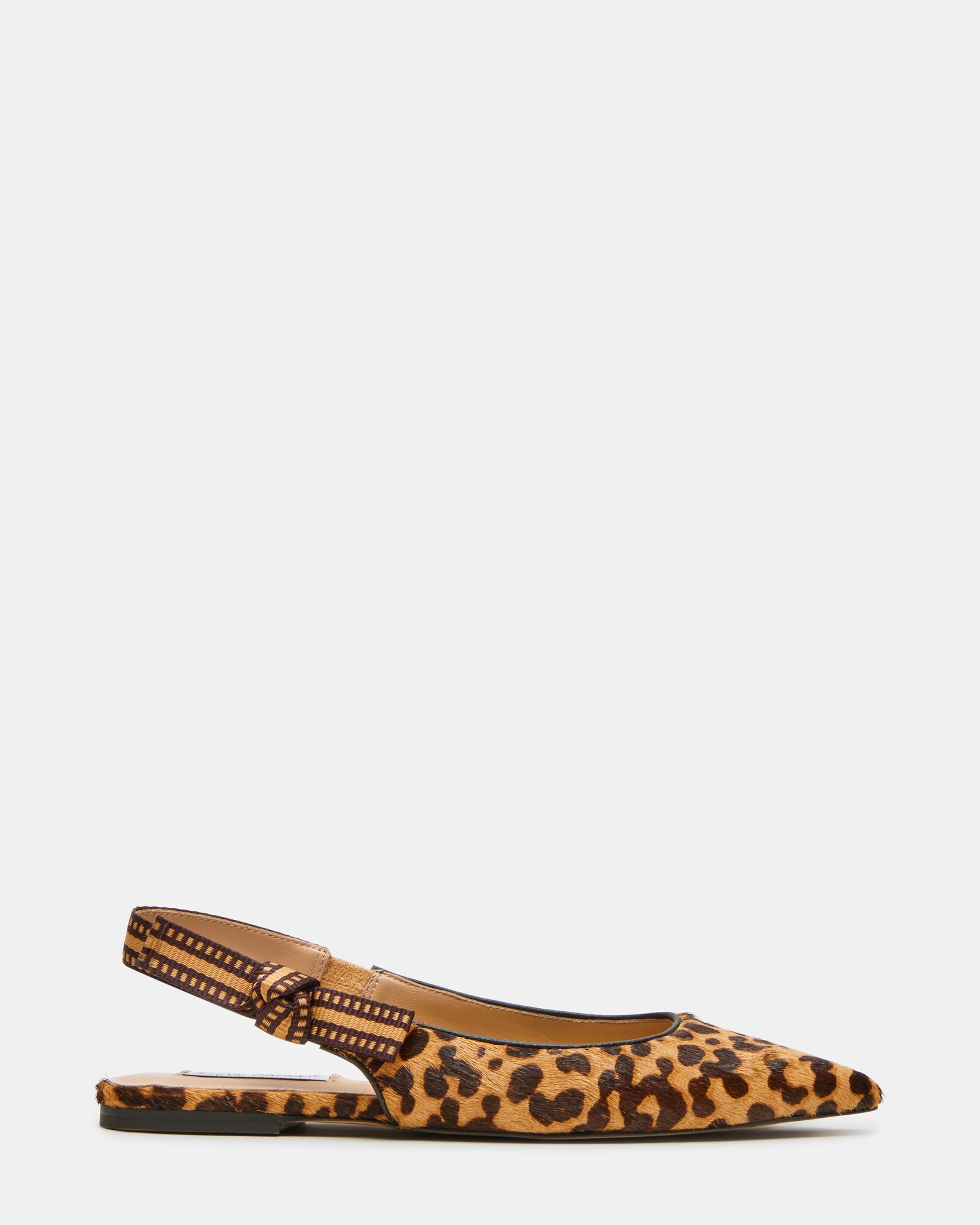 Side view of Olsen leopard print flats showcasing the slingback design.