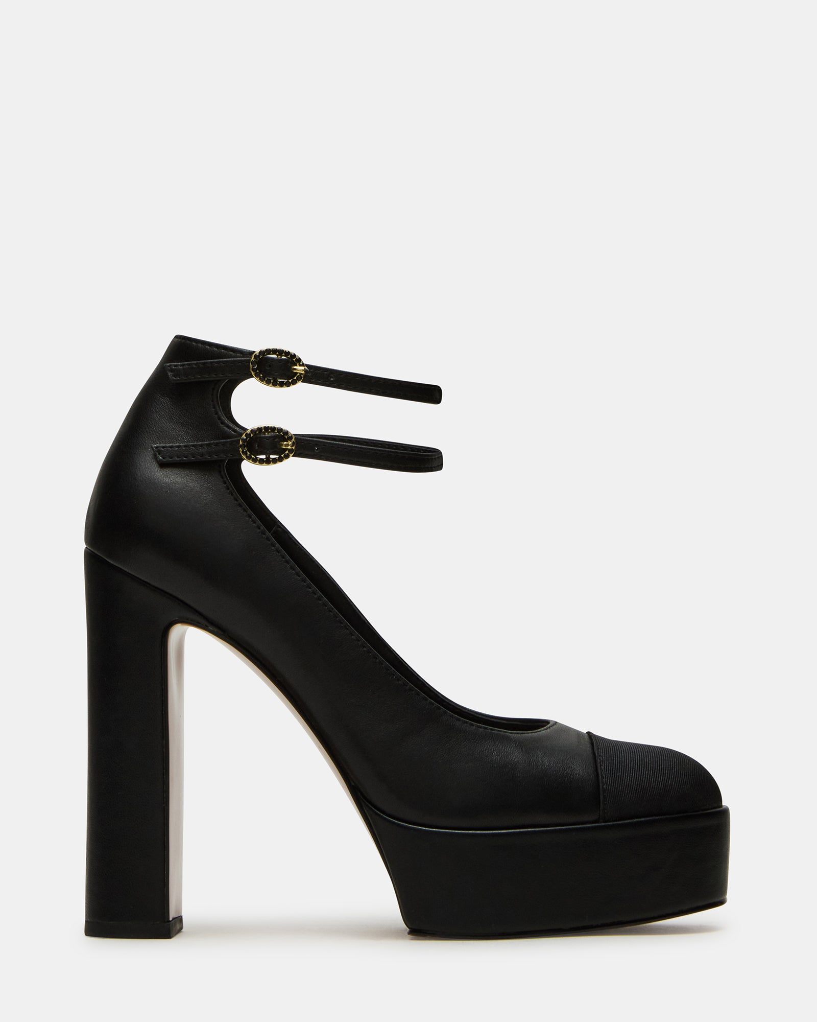 Side view of Peyton black block heel sandals highlighting the ankle strap and toe cap design.