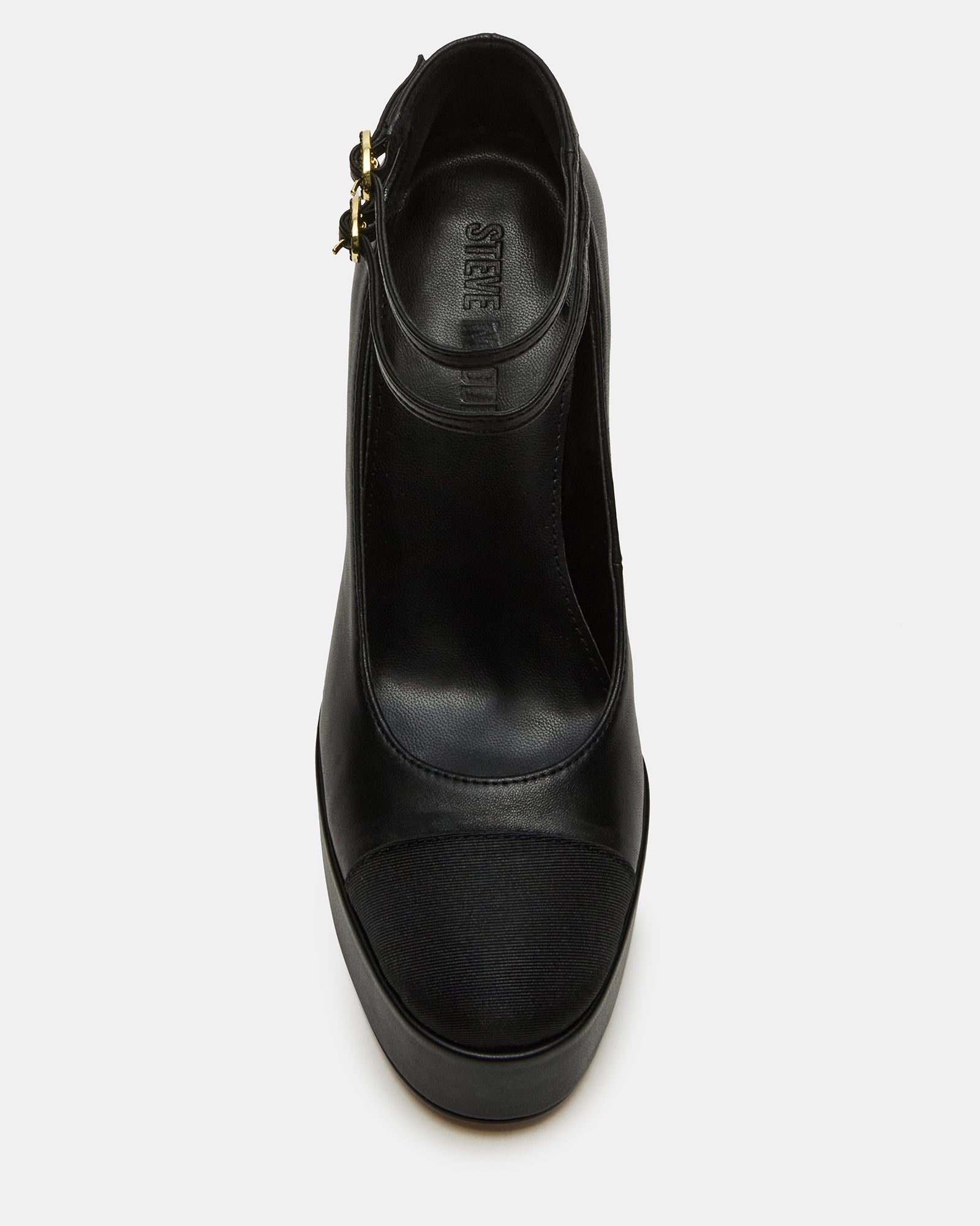 Side view of Peyton black block heel sandals highlighting the ankle strap and toe cap design.
