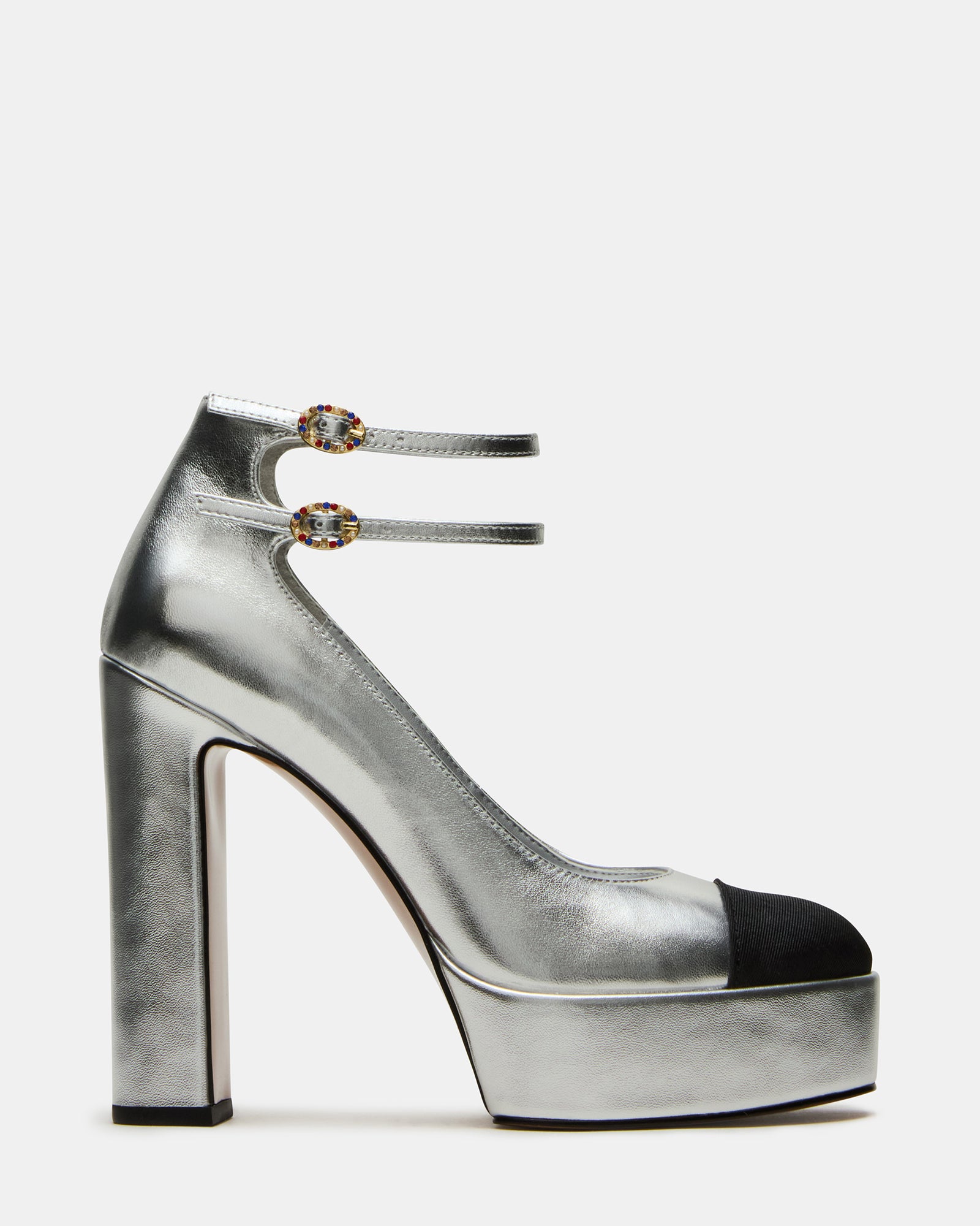 Side view of Peyton silver leather women's block heel shoes highlighting the platform and ankle strap