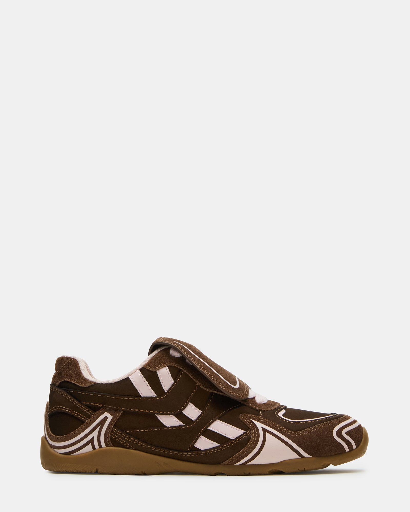 Side view of brown multi flat sneakers for everyday wear