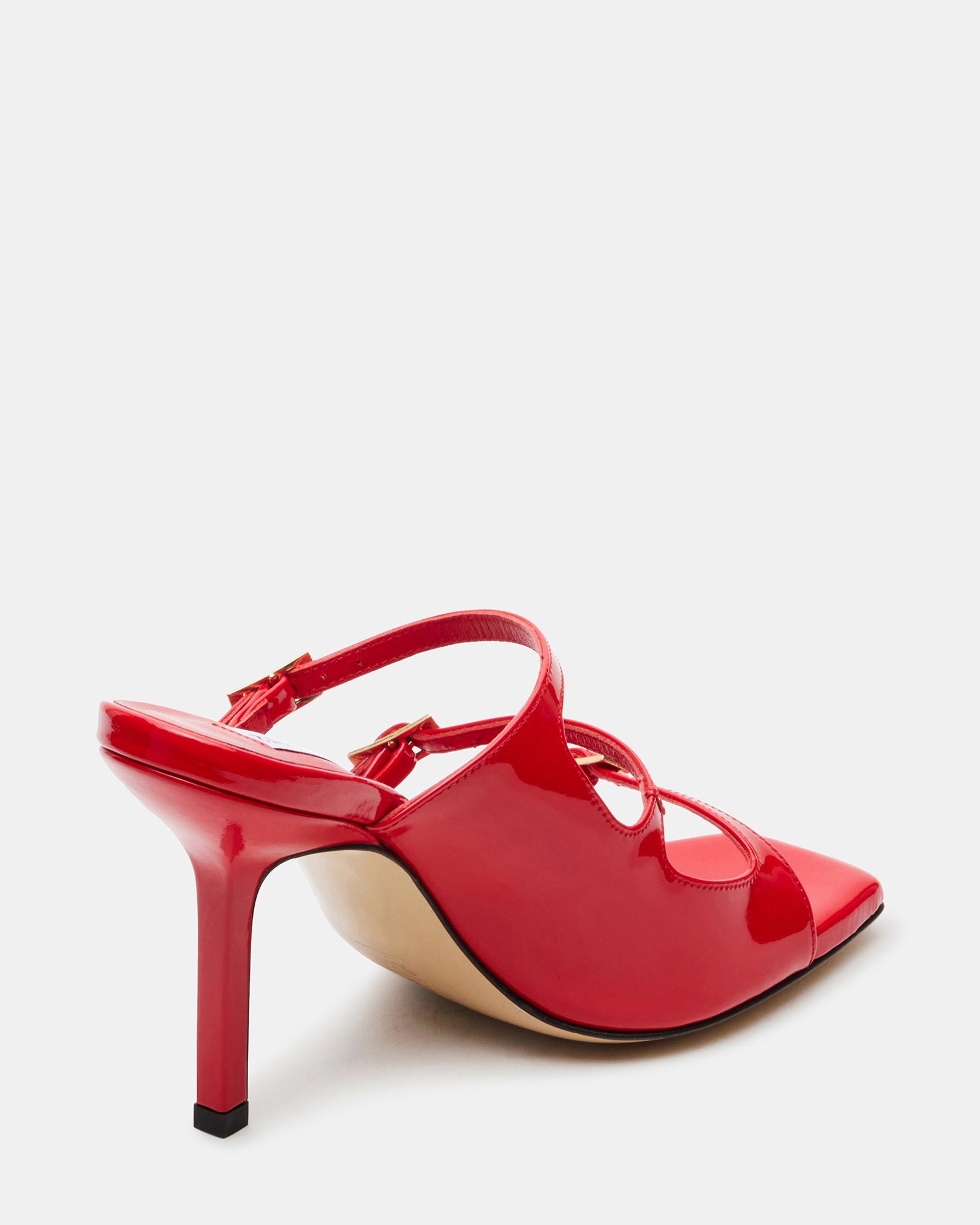 Close-up of strappy square toe detail in red leather heels