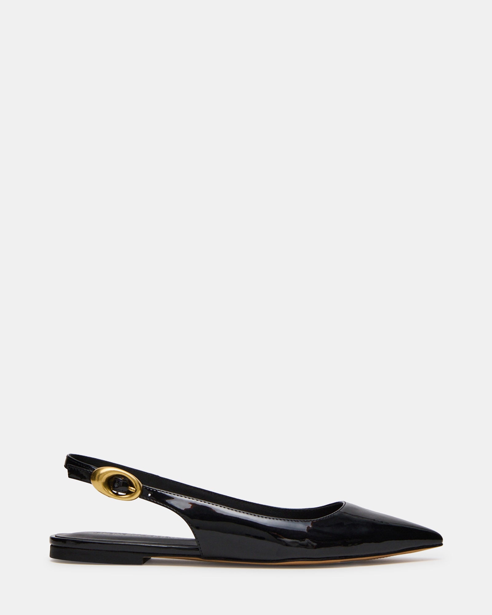 Side view of black patent slingback flats, ideal for office wear.