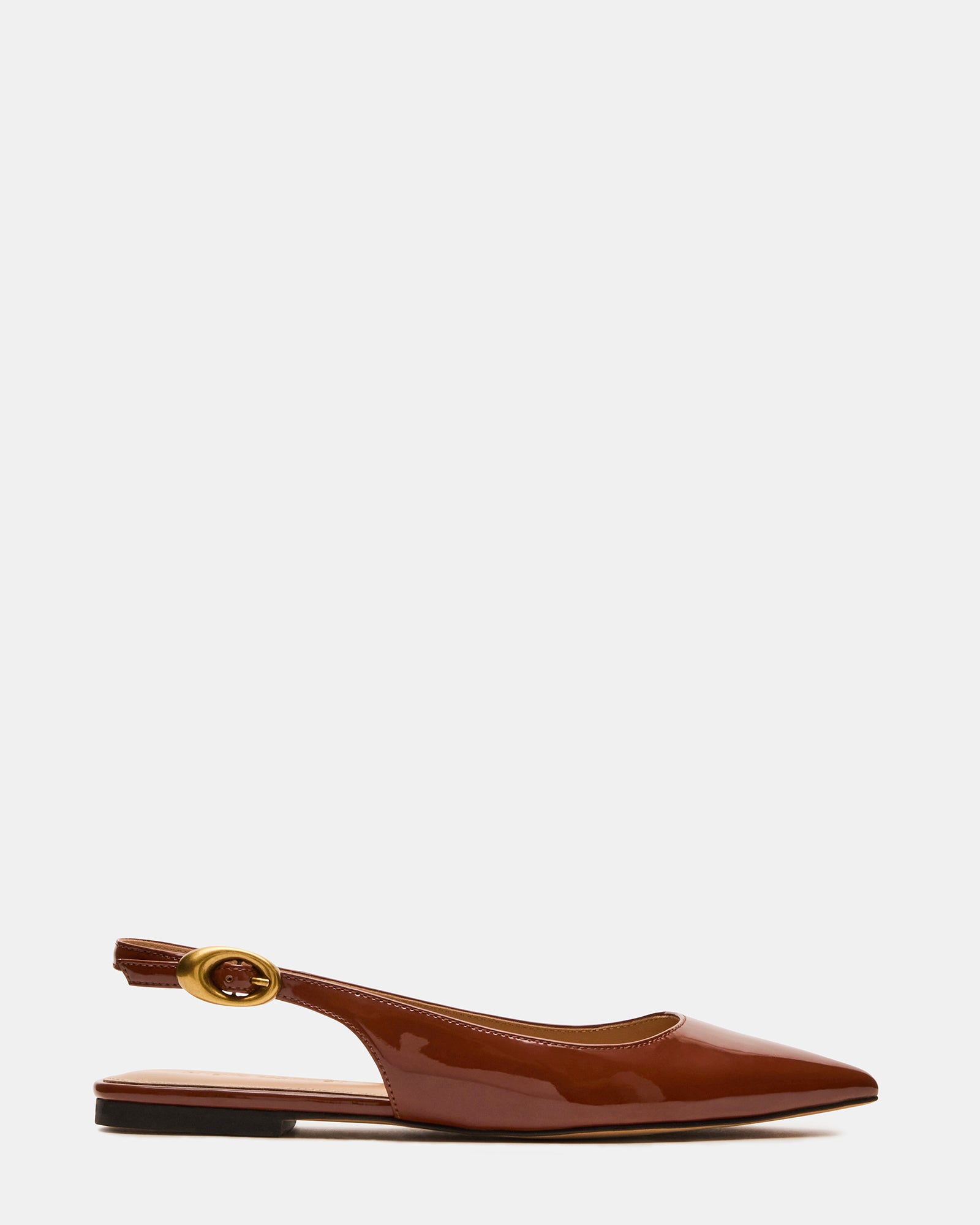Side view of pointed toe slingback flats in camel patent on studio background