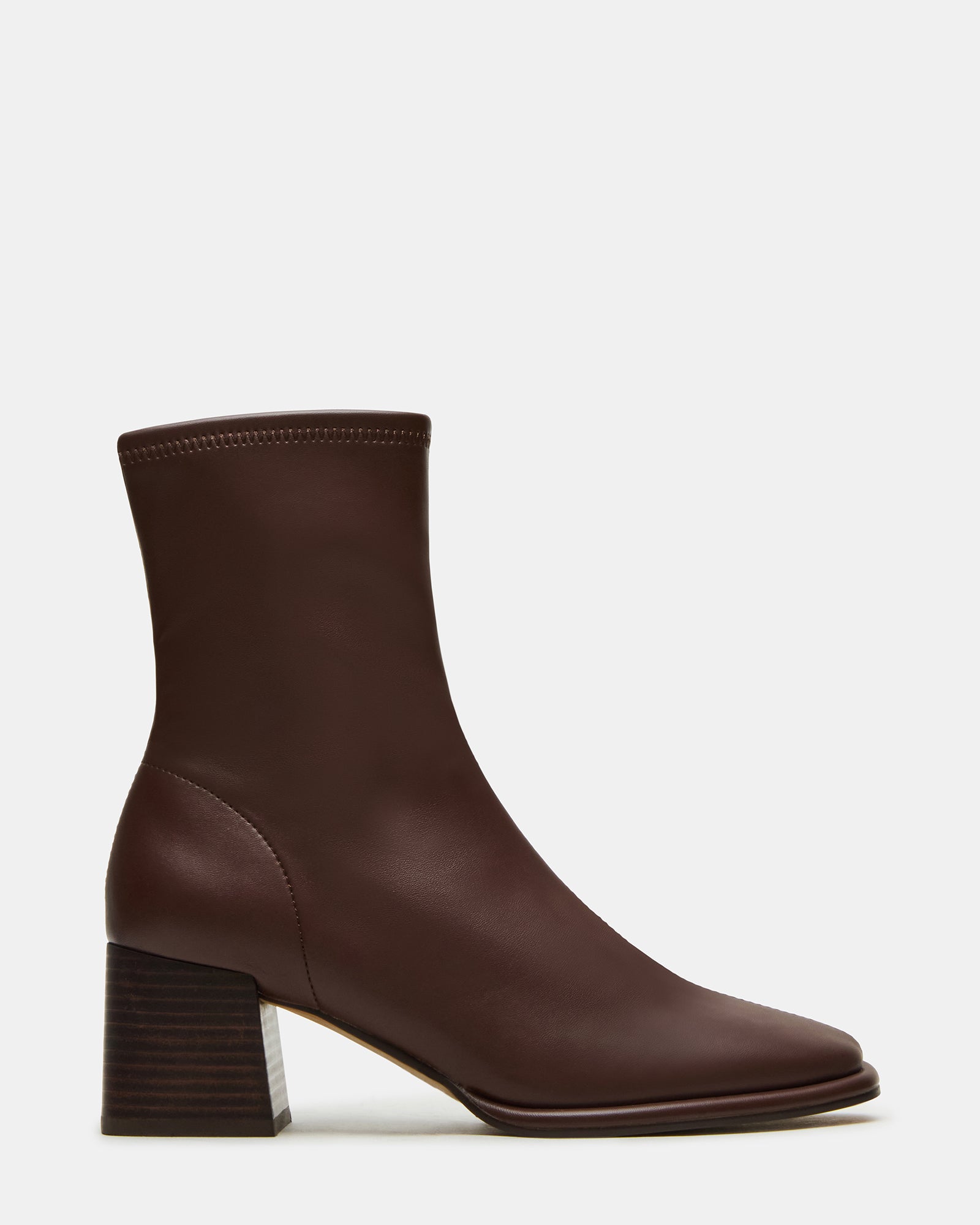 Pammy brown ankle boots side view, showcasing the block heel and square toe design