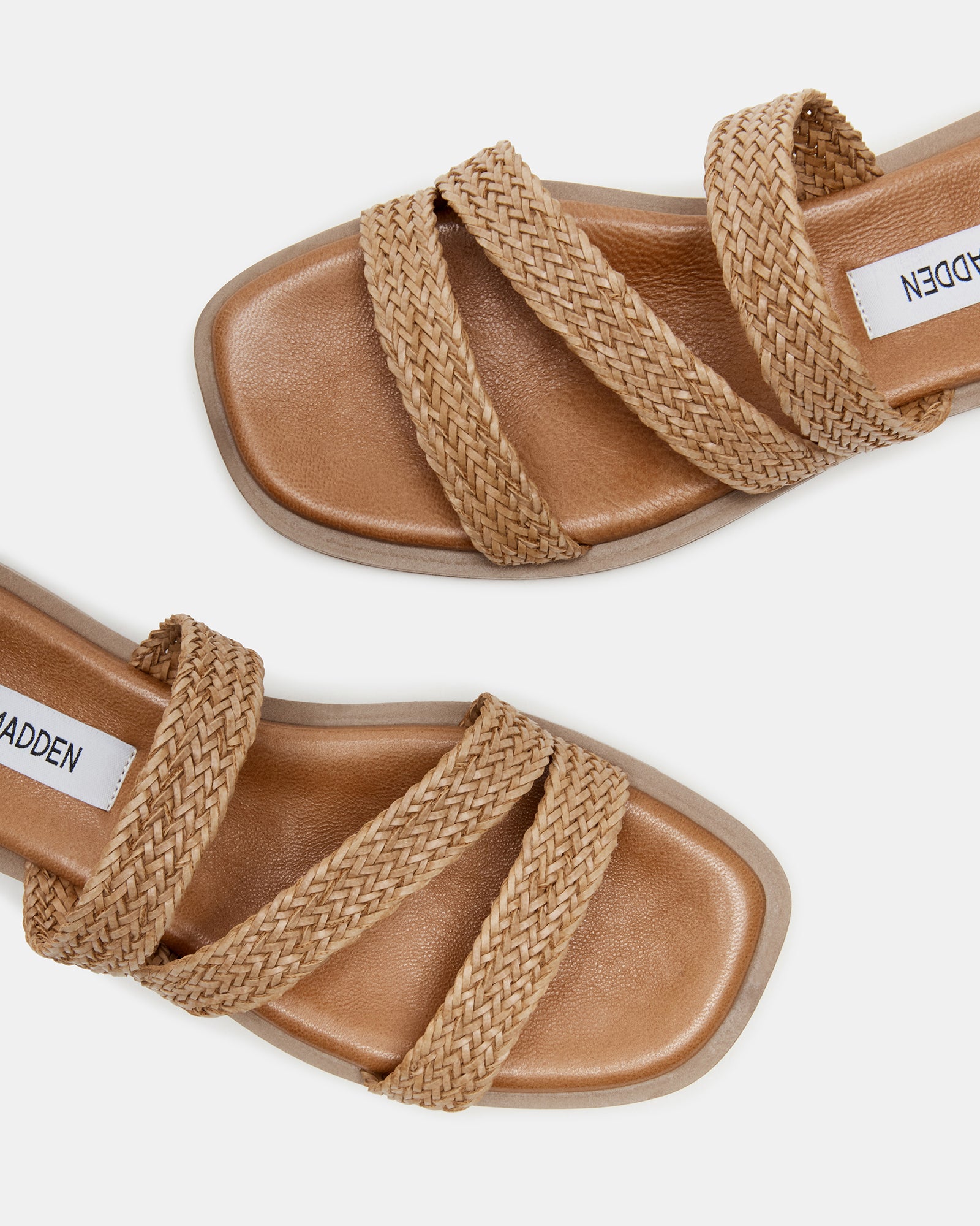 Top view of the Parkley raffia sandal showing square toe and woven straps
