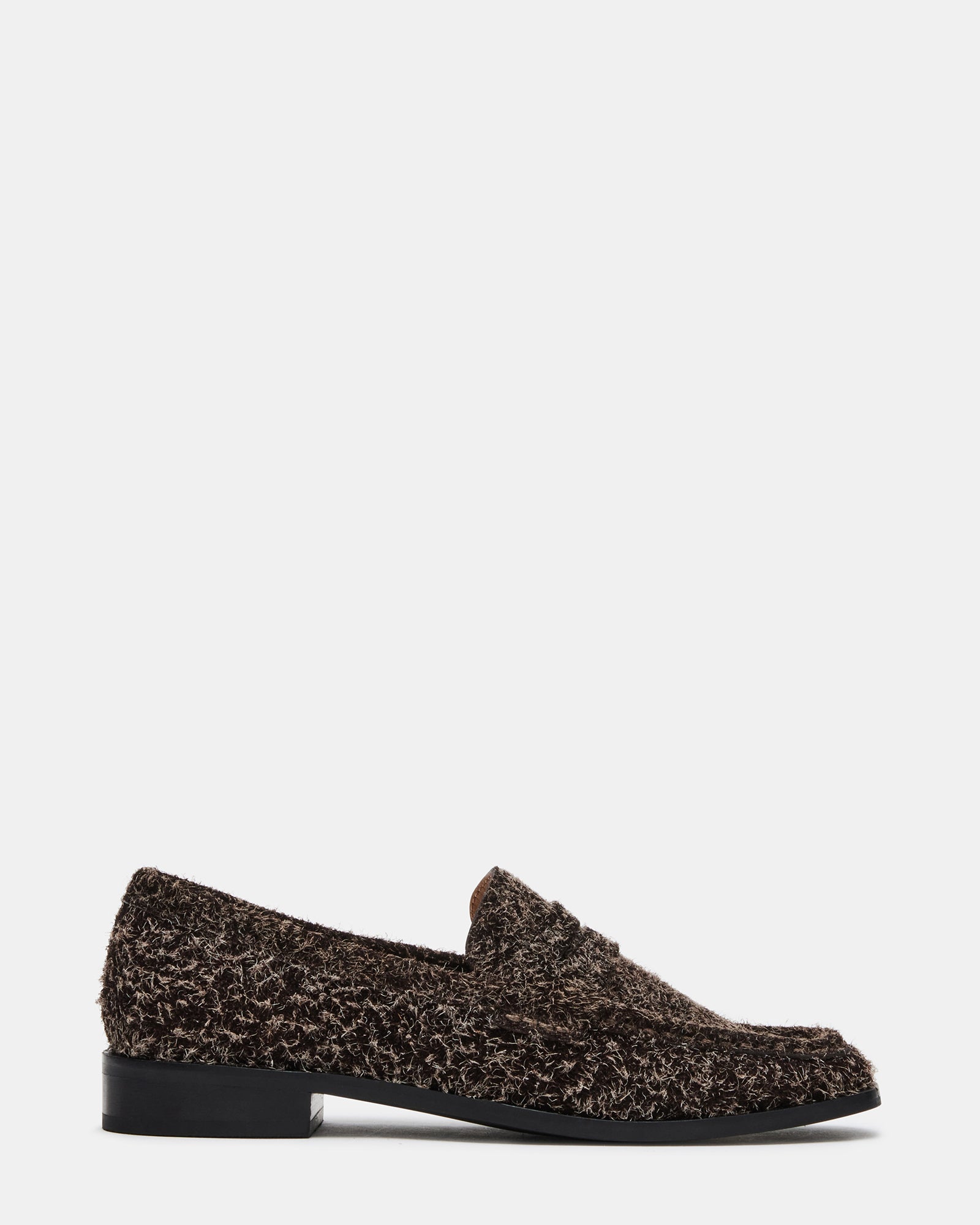 Elegant brown suede loafers showcasing square toe and sleek design.