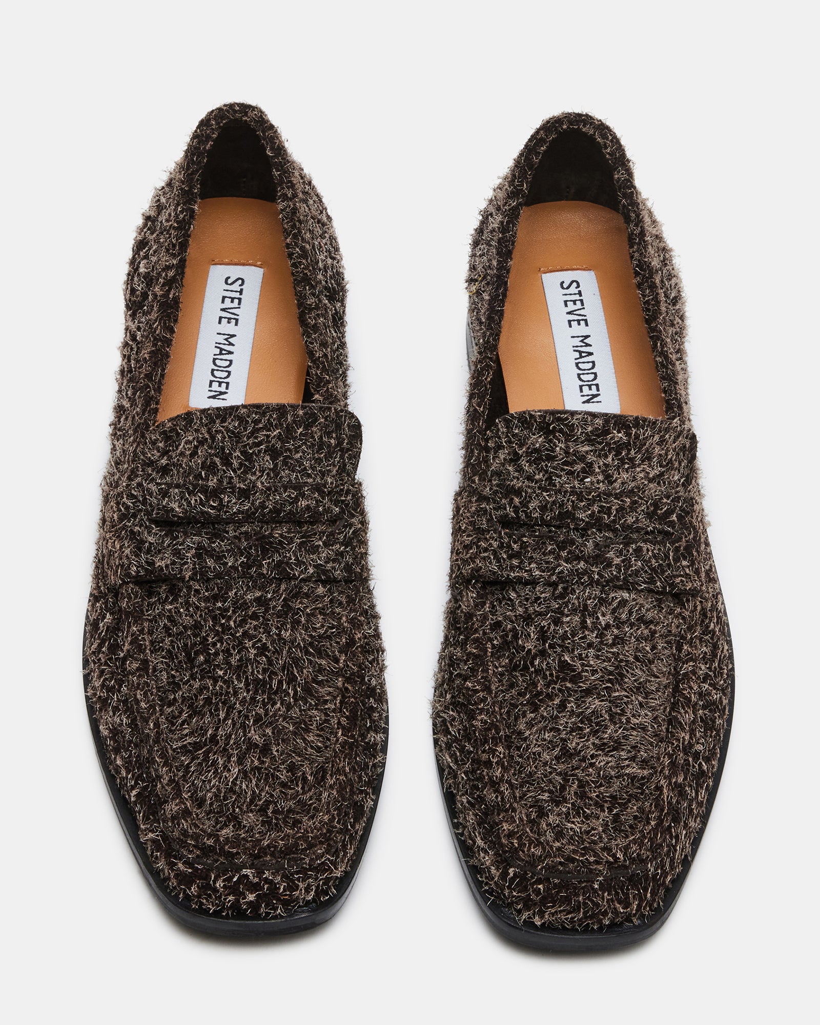 Elegant brown suede loafers showcasing square toe and sleek design.