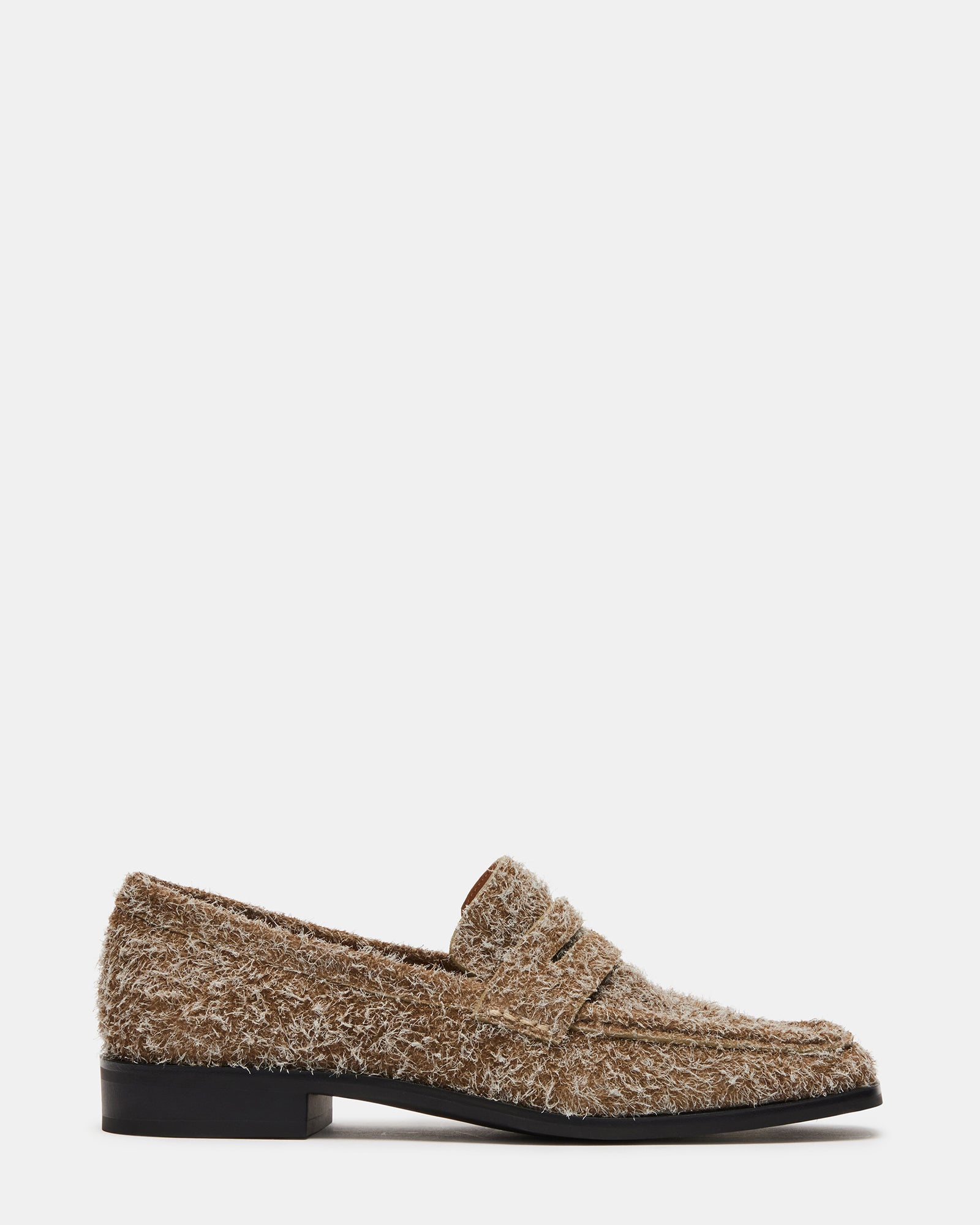 Side view of grey suede loafers showing squared toe and 1-inch heel