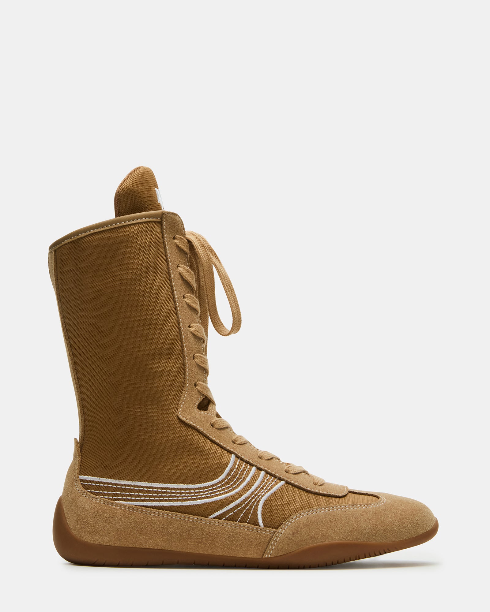 PAXTIN Chestnut high-top sneakers side profile on urban pavement