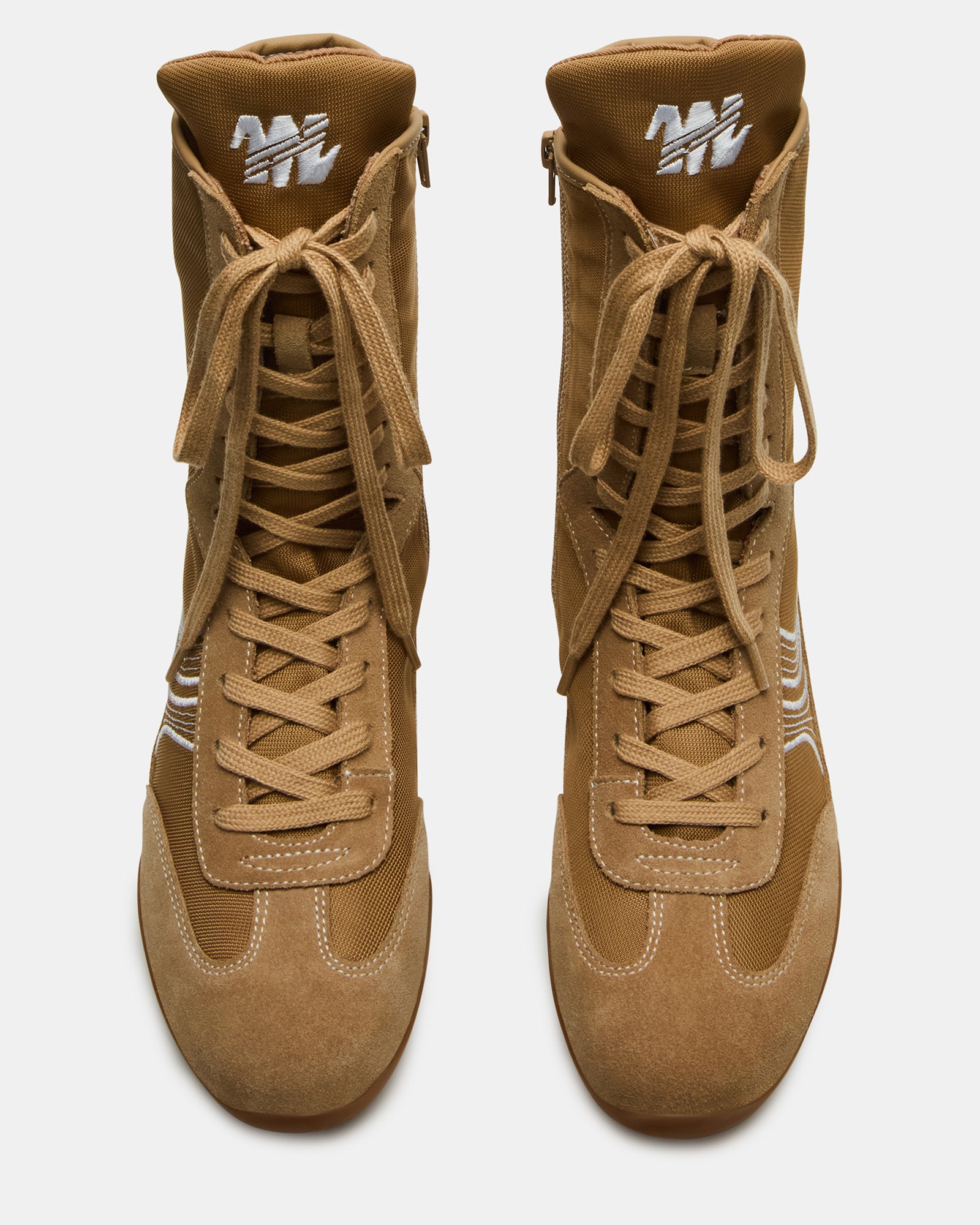 PAXTIN Chestnut high-top sneakers side profile on urban pavement
