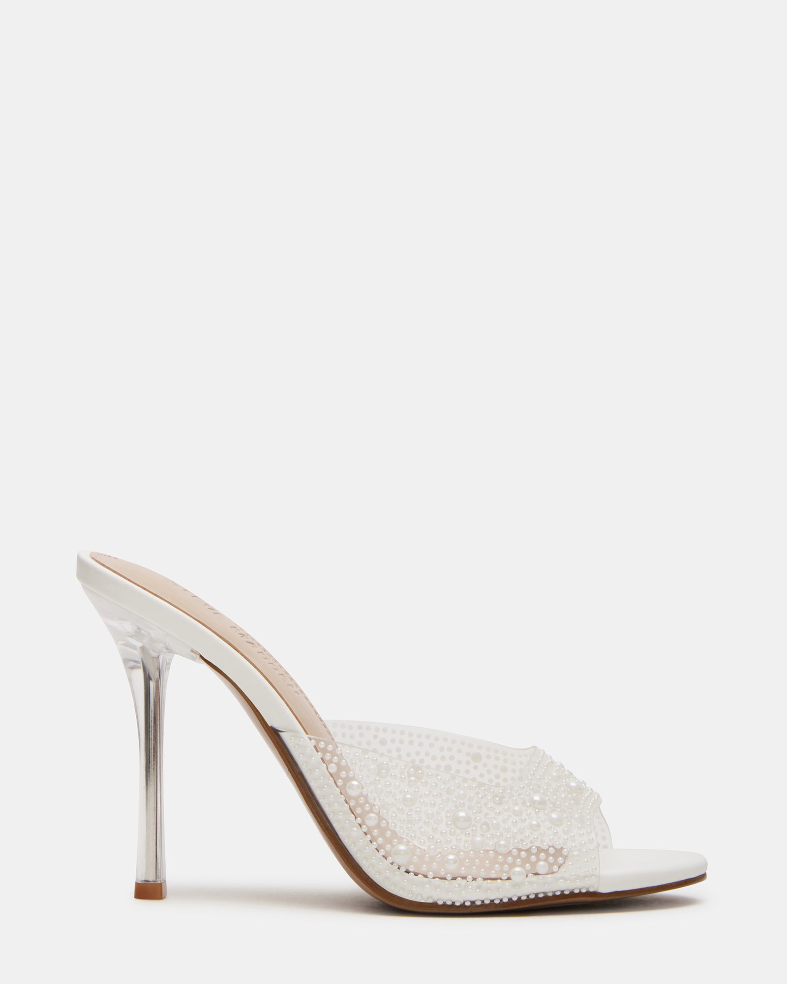 Side view of Peach Pearl Clear stiletto heels highlighting the transparent PVC material