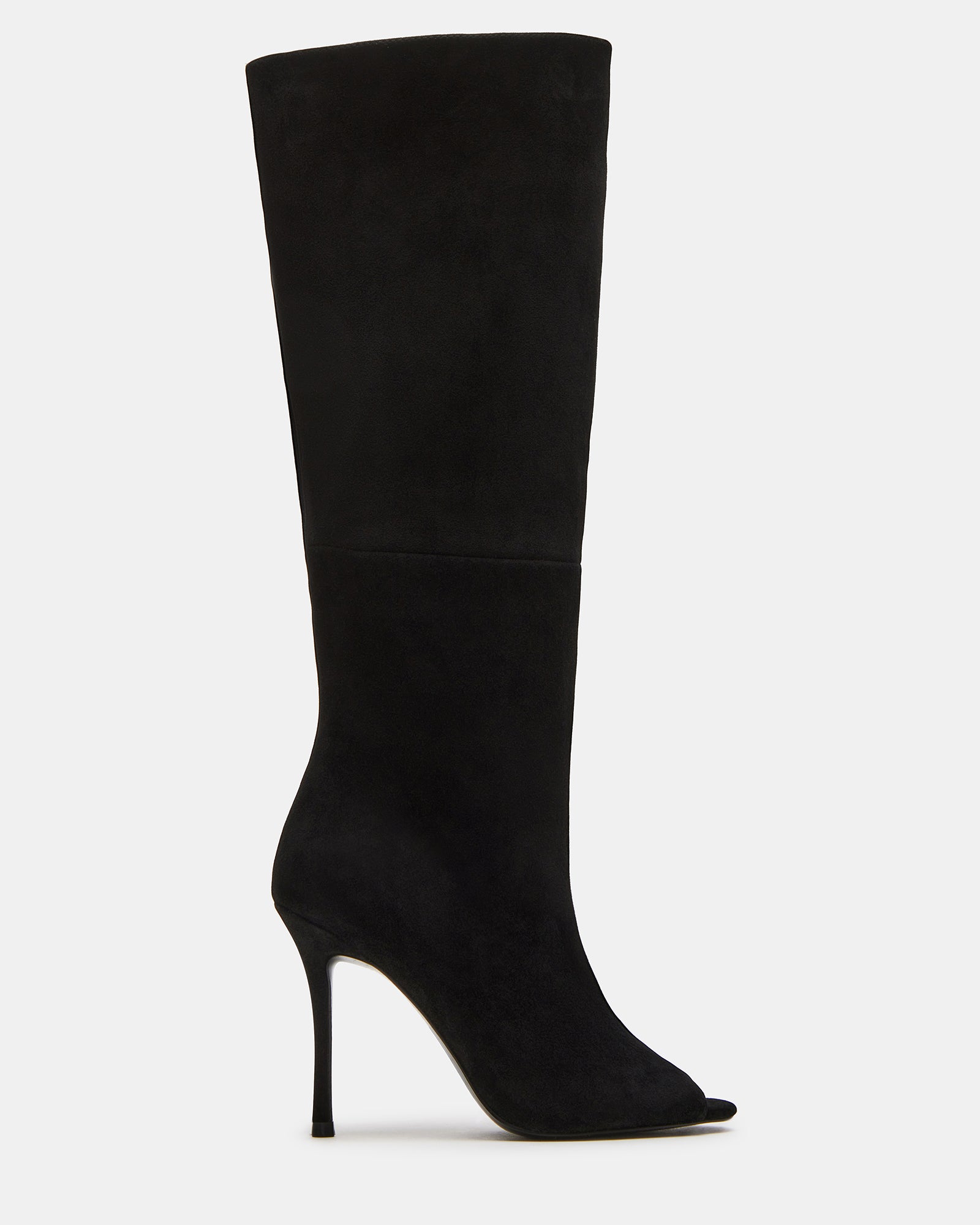 Black suede knee-high boots from PEGGIE, showcasing stiletto heels