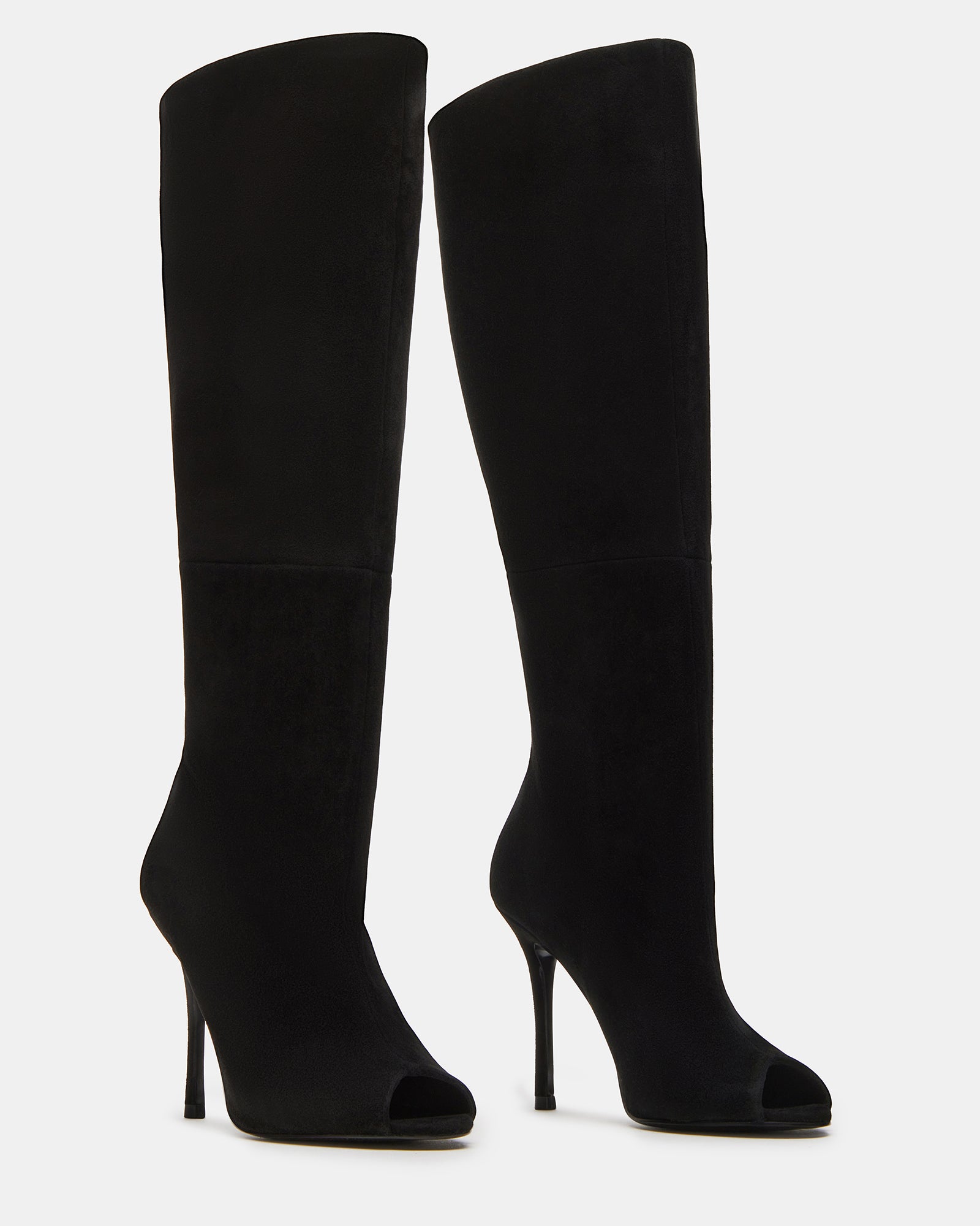 Side view of PEGGIE peep toe boots highlighting sleek suede material
