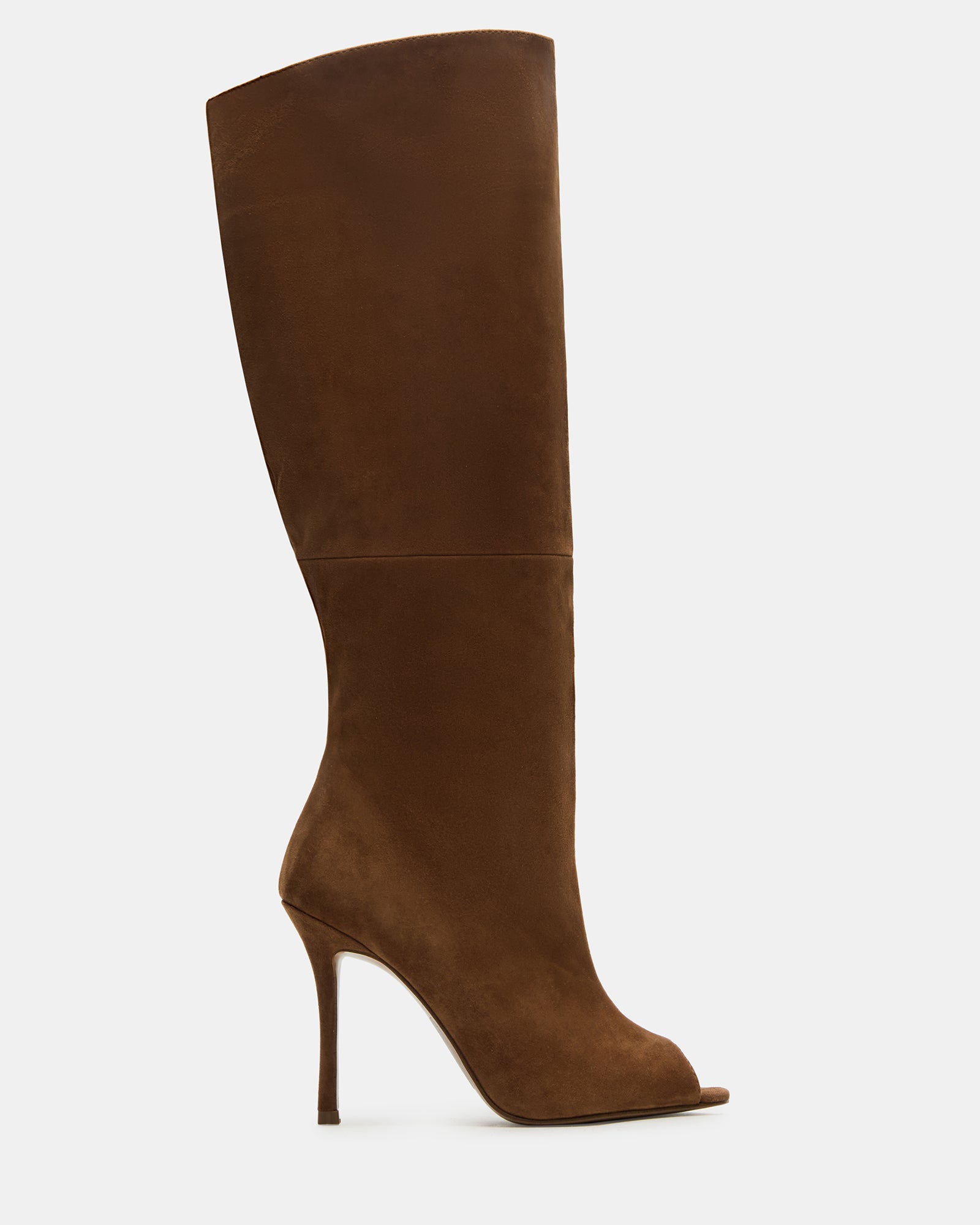 Side view of Peggie chestnut suede peep toe boots showcasing stiletto heels.