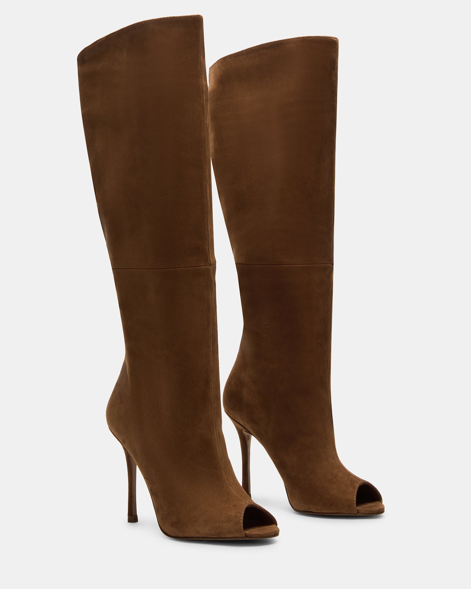 Close-up of Peggie brown suede peep toe boots with sleek design.