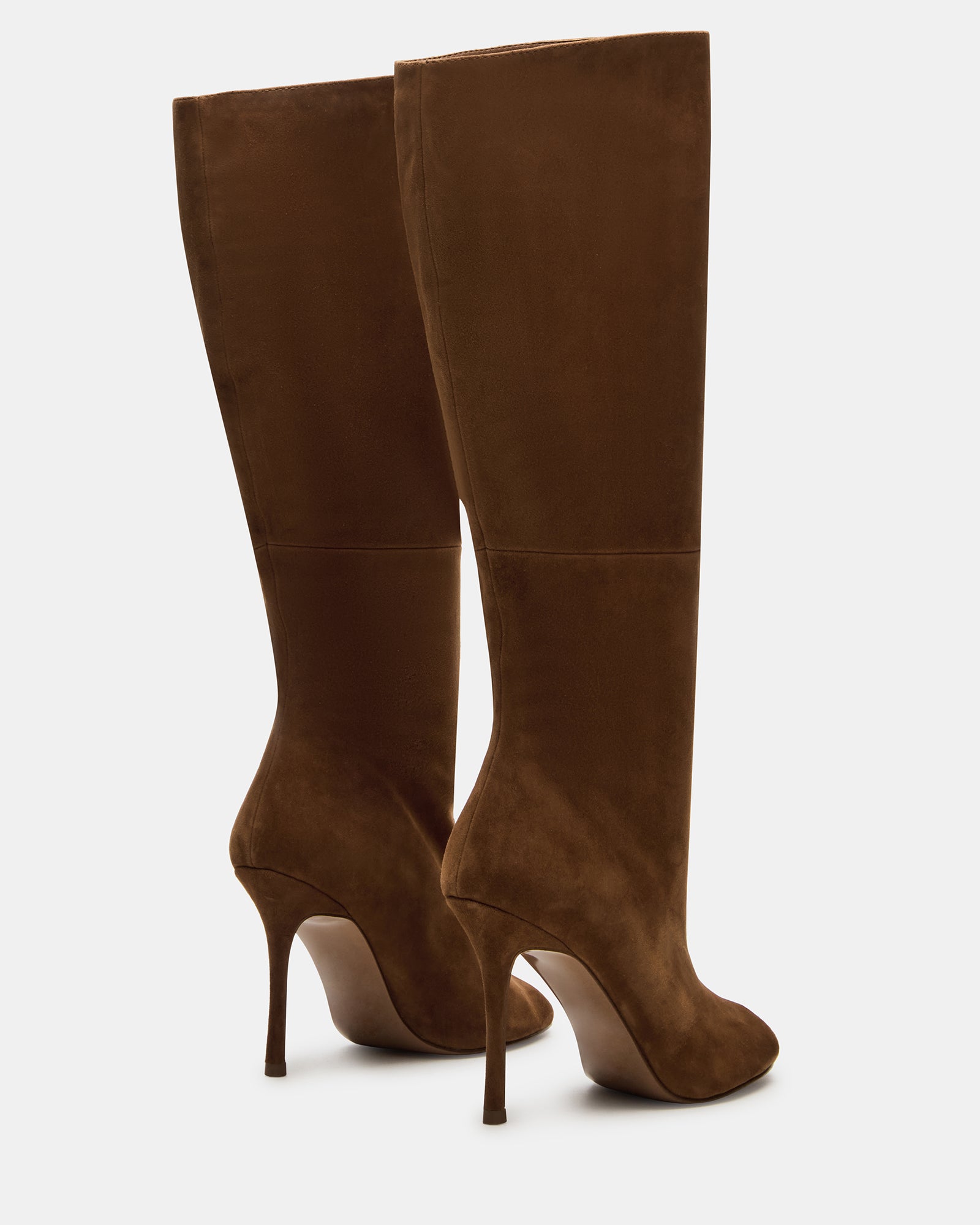 Close-up of Peggie brown suede peep toe boots with sleek design.