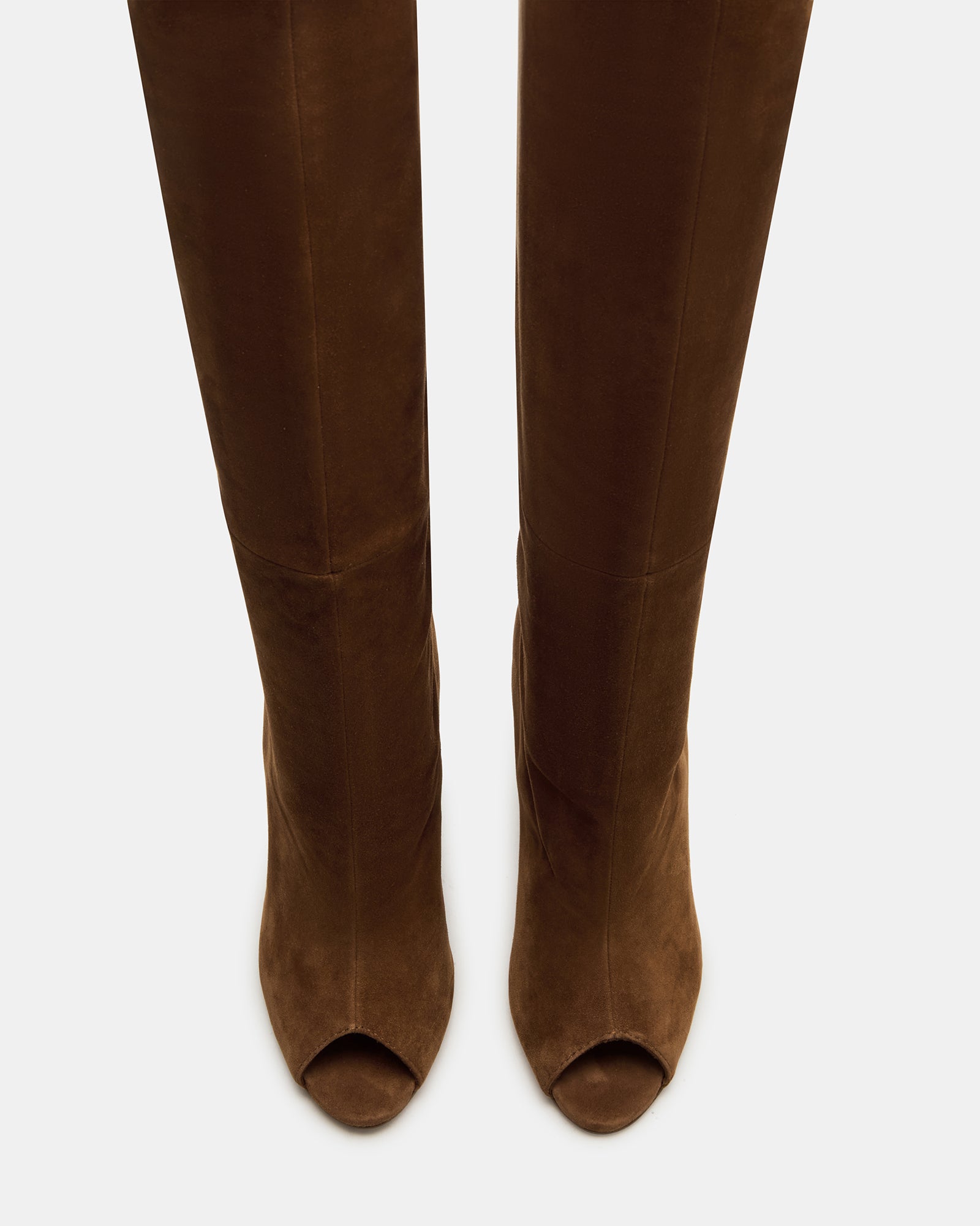 Side view of Peggie chestnut suede peep toe boots showcasing stiletto heels.