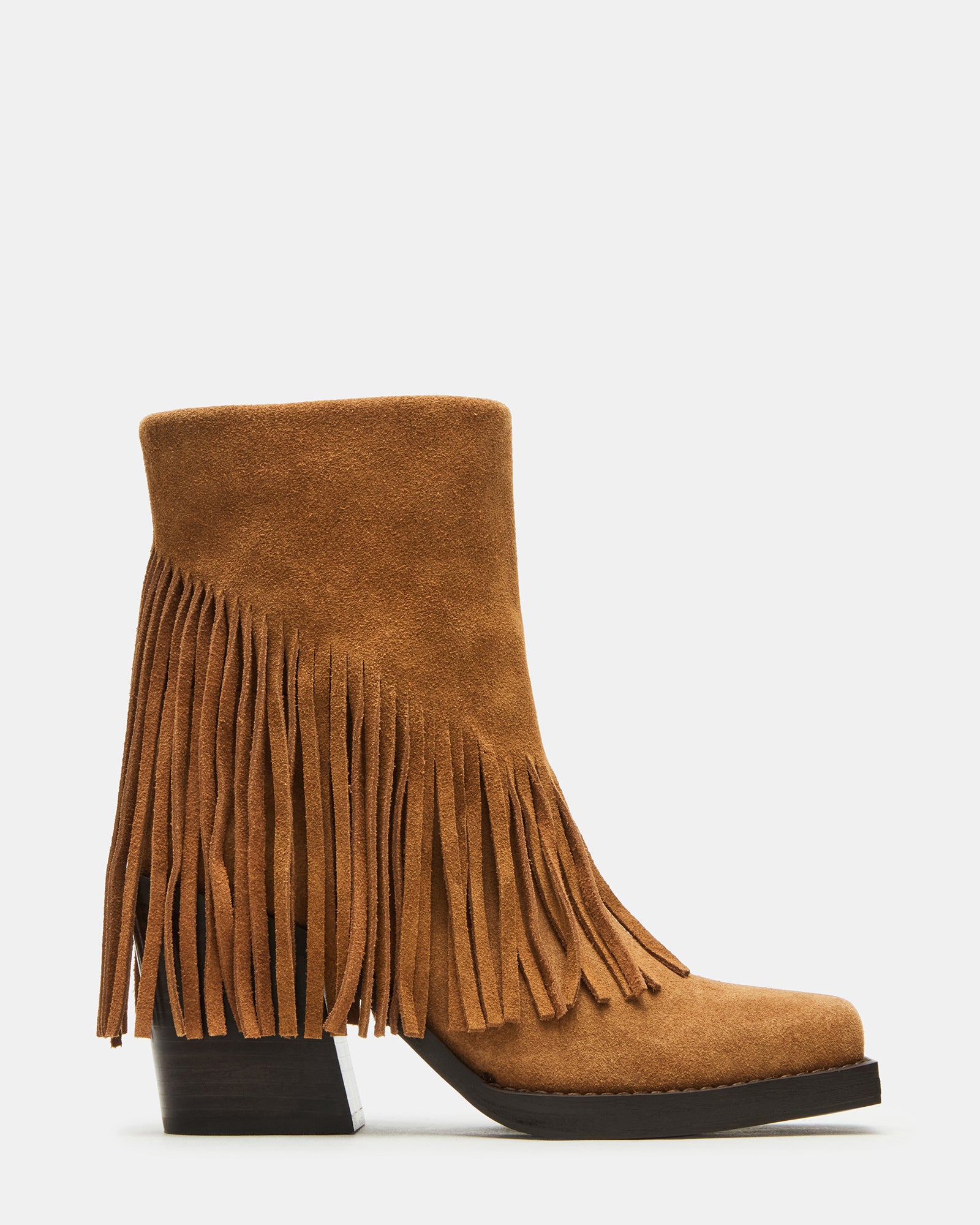 Side view of brown suede boots showing fold-over shaft and fringe details
